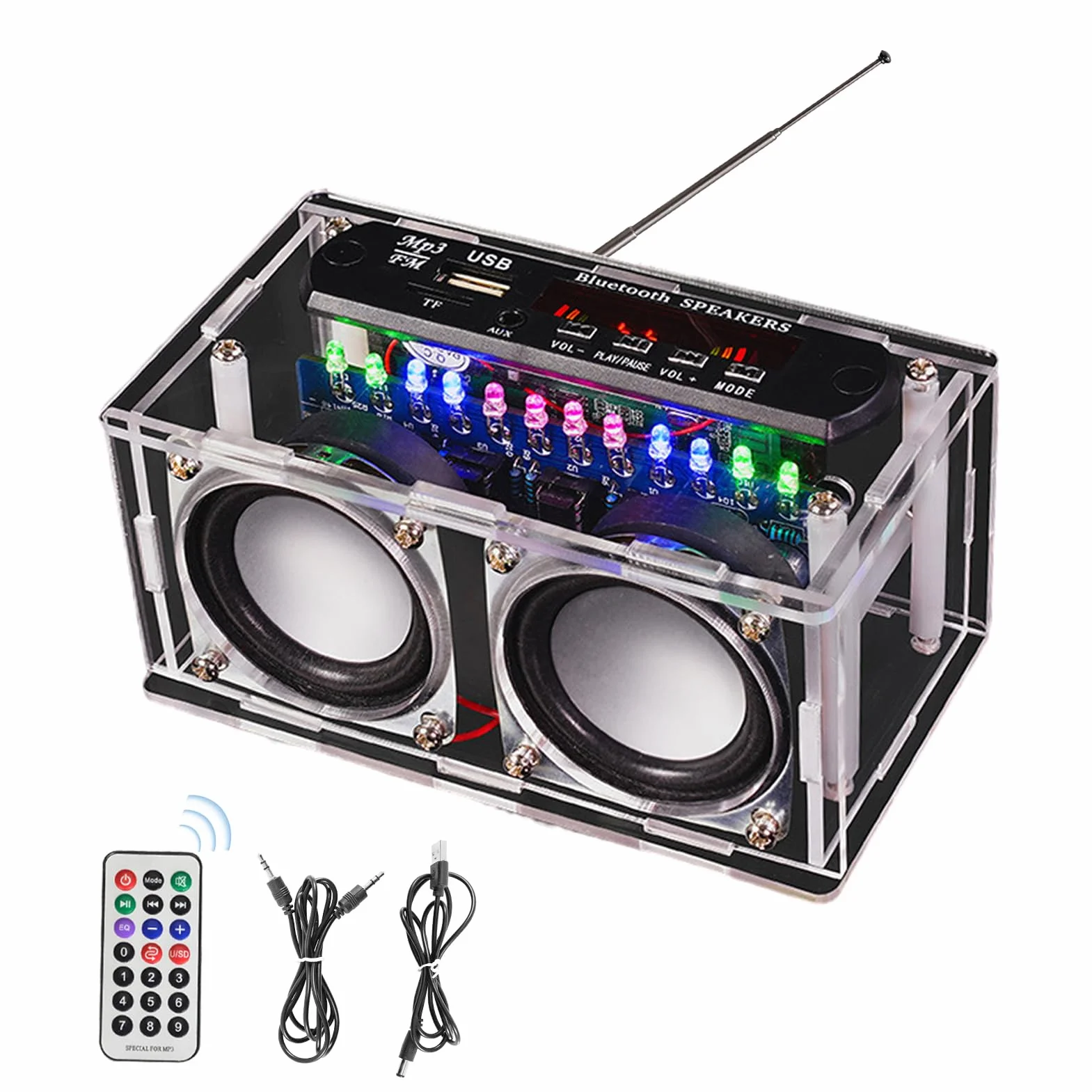 Juego de construcción de soldadura electrónica, juego de altavoces Bluetooth con radio FM y grabación de voz, reproductor de música con mando a distancia y luz LED para aprender a soldar, kit de