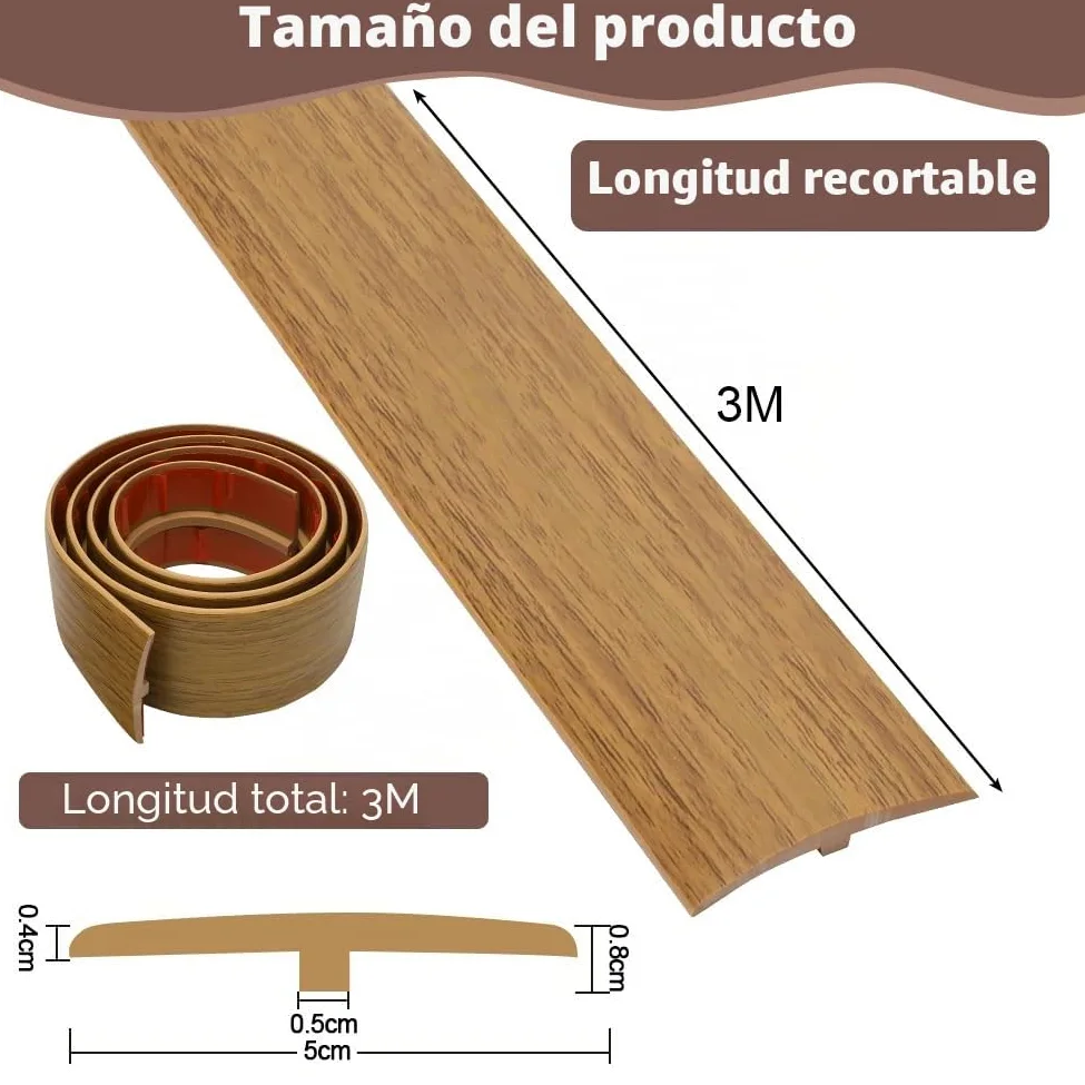 Perfil de transición en T, umbrales de puerta de PVC, molduras, perfil de transición de 3 m x 5 cm, autoadhesivo, tira de cobertura para nivelar suelos para suelos de parqué, umbrales de laminado
