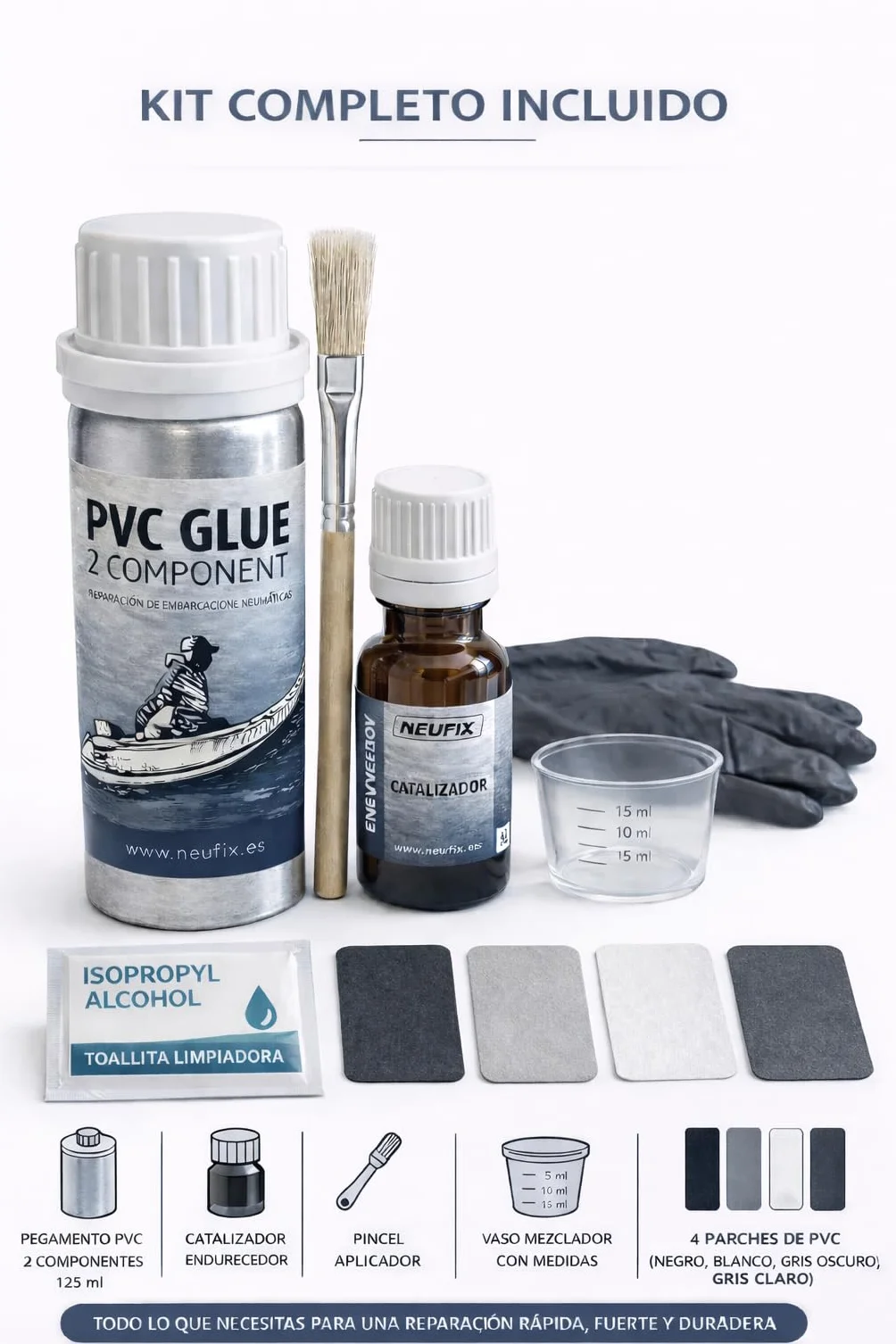 Kit Reparación PVC Profesional – Pegamento PVC 2 Componentes para Zodiac, Paddle Surf, Kayak y Hinchables – Incluye Parches, Pincel, Vaso, Guantes y Toallita (125 ml)