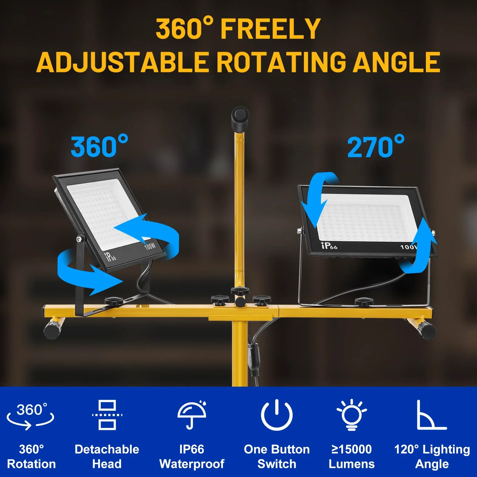 Yofuly 2x 100W Foco LED de Trabajo 21,000LM, Focos LED Portátil con Trípode Telescópico 1,6M, Lentes PC, IP66 Impermeable, con Cable de 3M, Luz de Trabajo para Obras, Jardines, Construcción