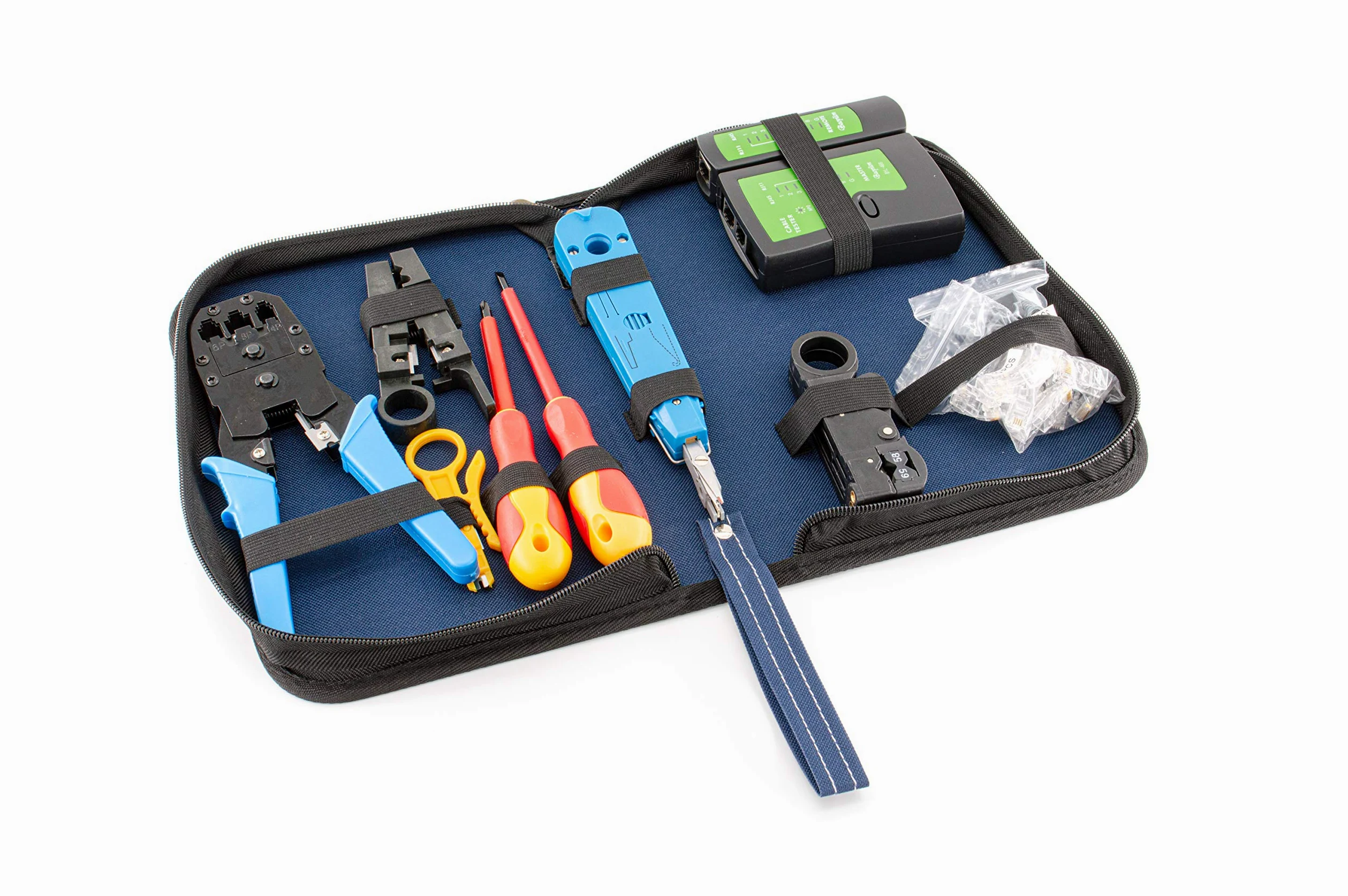 Juego de herramientas de red (incluye comprobador de red RJ45, LSA+, crimpadora, 2 pelacables, 2 x 10 conectores RJ11/RJ45 en bolsa estable, 10 piezas)