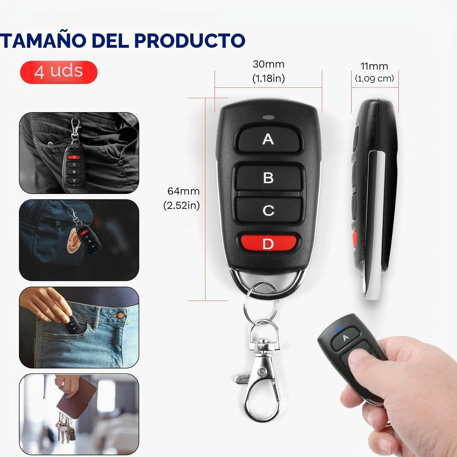 4 Piezas Mandos Garaje Universales 433Mhz, Clonador Mando Garaje con 4 Botones, Mando a Distancia Garaje Inalámbrico Reemplazo, Duplicador Puerta Garaje Codigo Fijo para Puertas de Garaje y Cancelas
