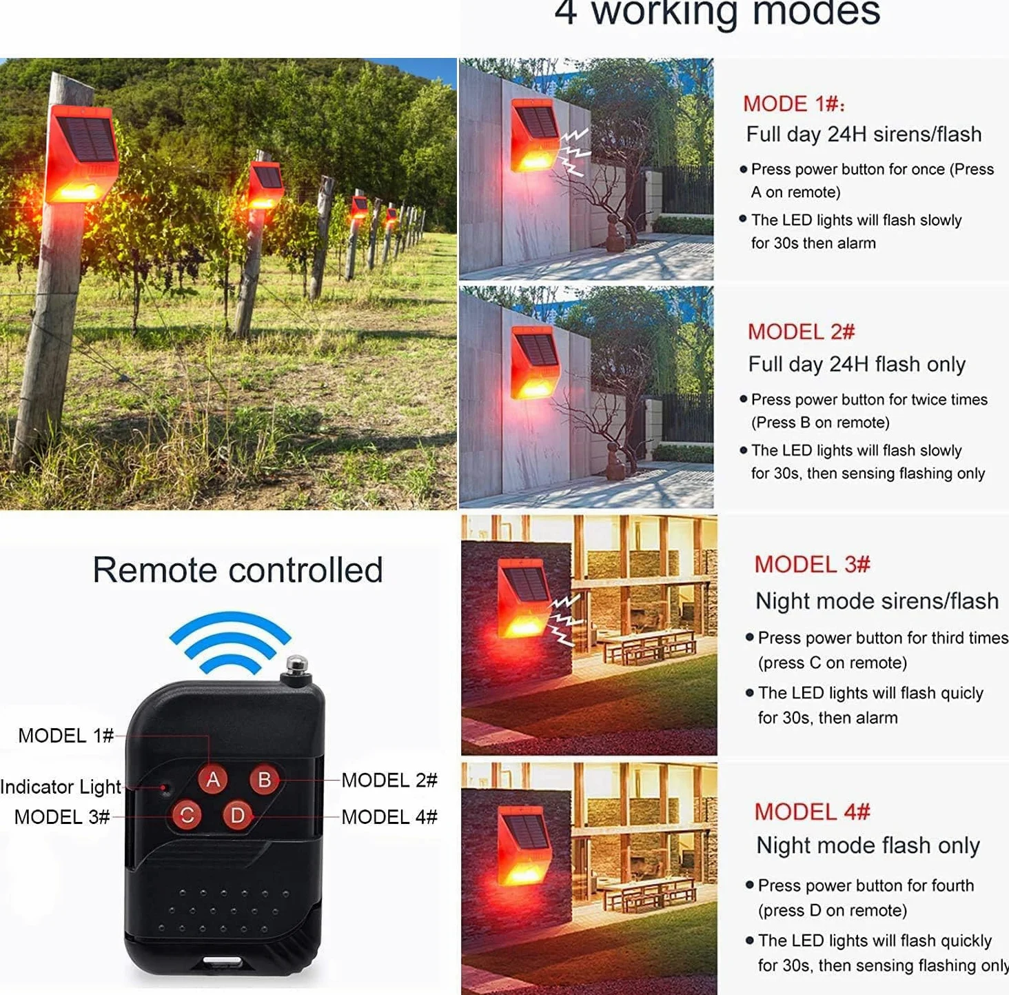 Alarma Solar con Sensor de Movimiento para Exteriores, generador de Ruido de Sirena de 129 dB , 4 Modos de Trabajo,con Control Remoto, para Patio, Granja