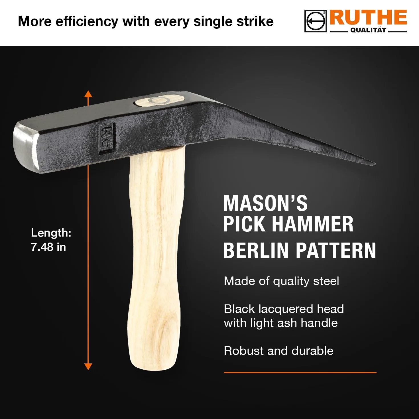 RUTHE Martillo adoquinador | Forma Berlín | 2.000 g | Cabeza de acero de alta calidad con acabado negro | Mango de fresno robusto | Herramienta profesional para pavimentación y mampostería