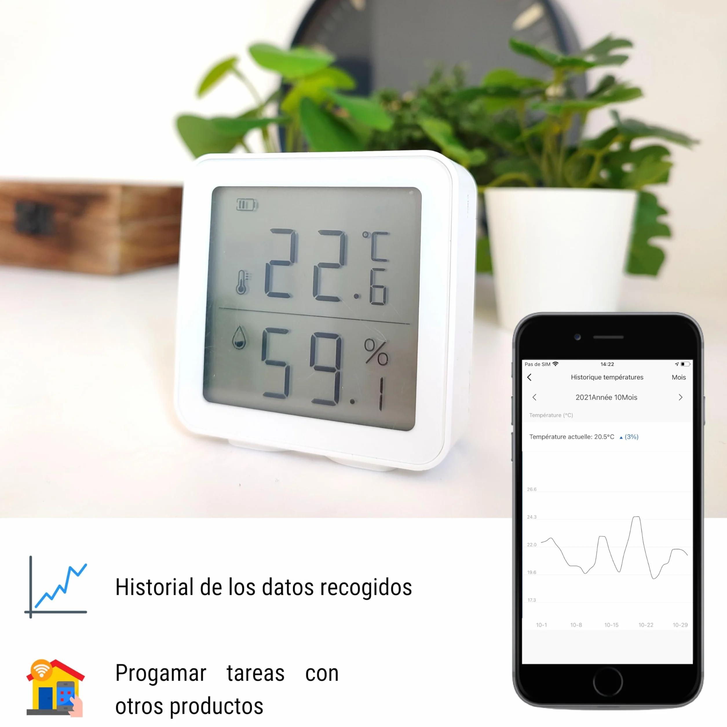 Konyks Termo Termómetro-Higrómetro Wi-Fi compatible Alexa, Google Home,Tuya, programa tareas en segùn que temperaturas