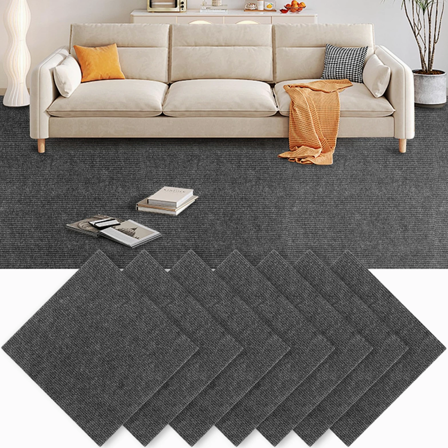 30 Uds Azulejos de Alfombra Autoadhesiva, Azulejos de Alfombra 30x30 Cm Gris Oscuro, Azulejos de Alfombra Gris Oscuro de Poliéster para Piso, Oficina y Habitación