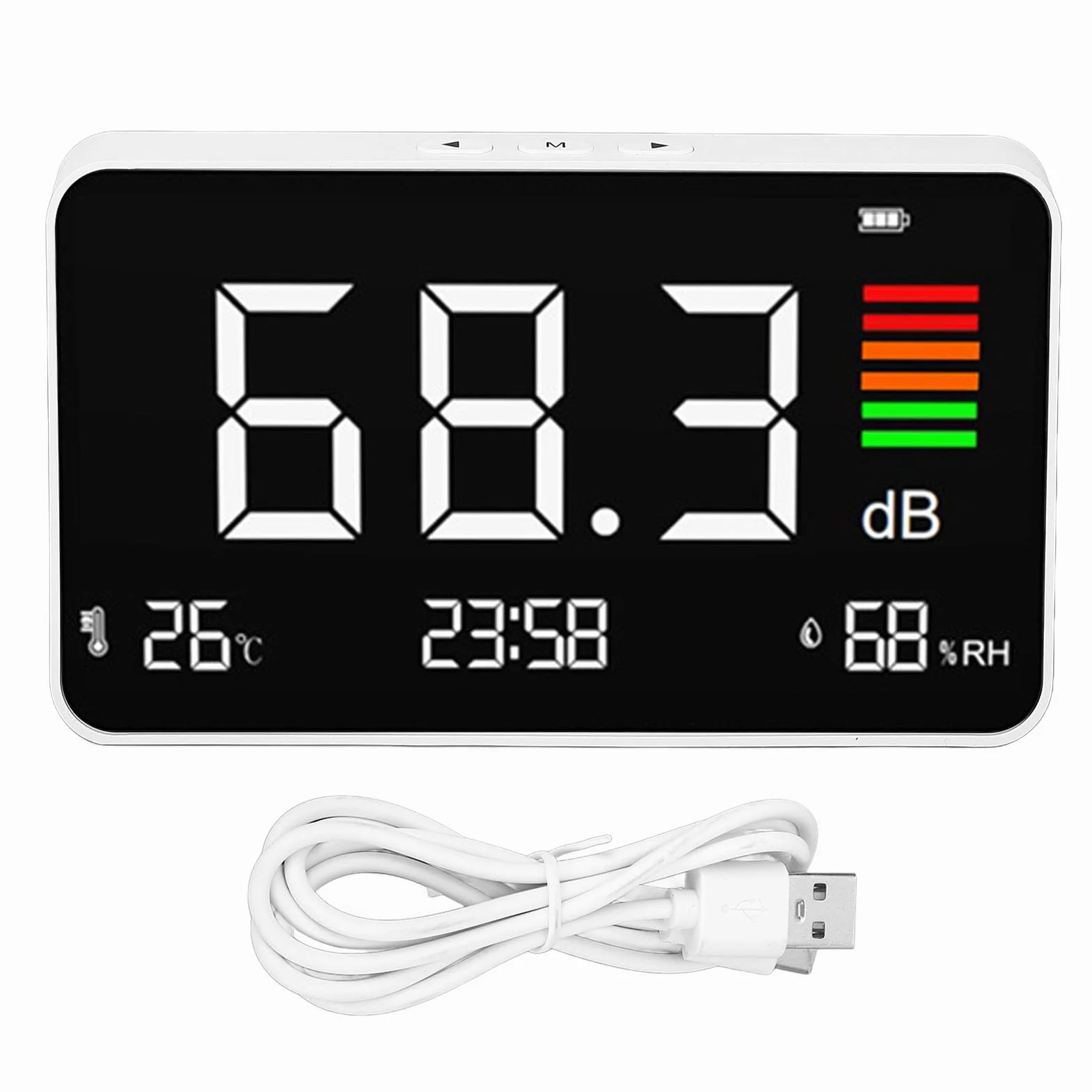 Medidor Digital de Decibelios, Medidor de Nivel de Sonido de Escritorio 30-130dBA con Detección de Humedad de Temperatura, Pantalla LED Medidor de Humedad de Temperatura de