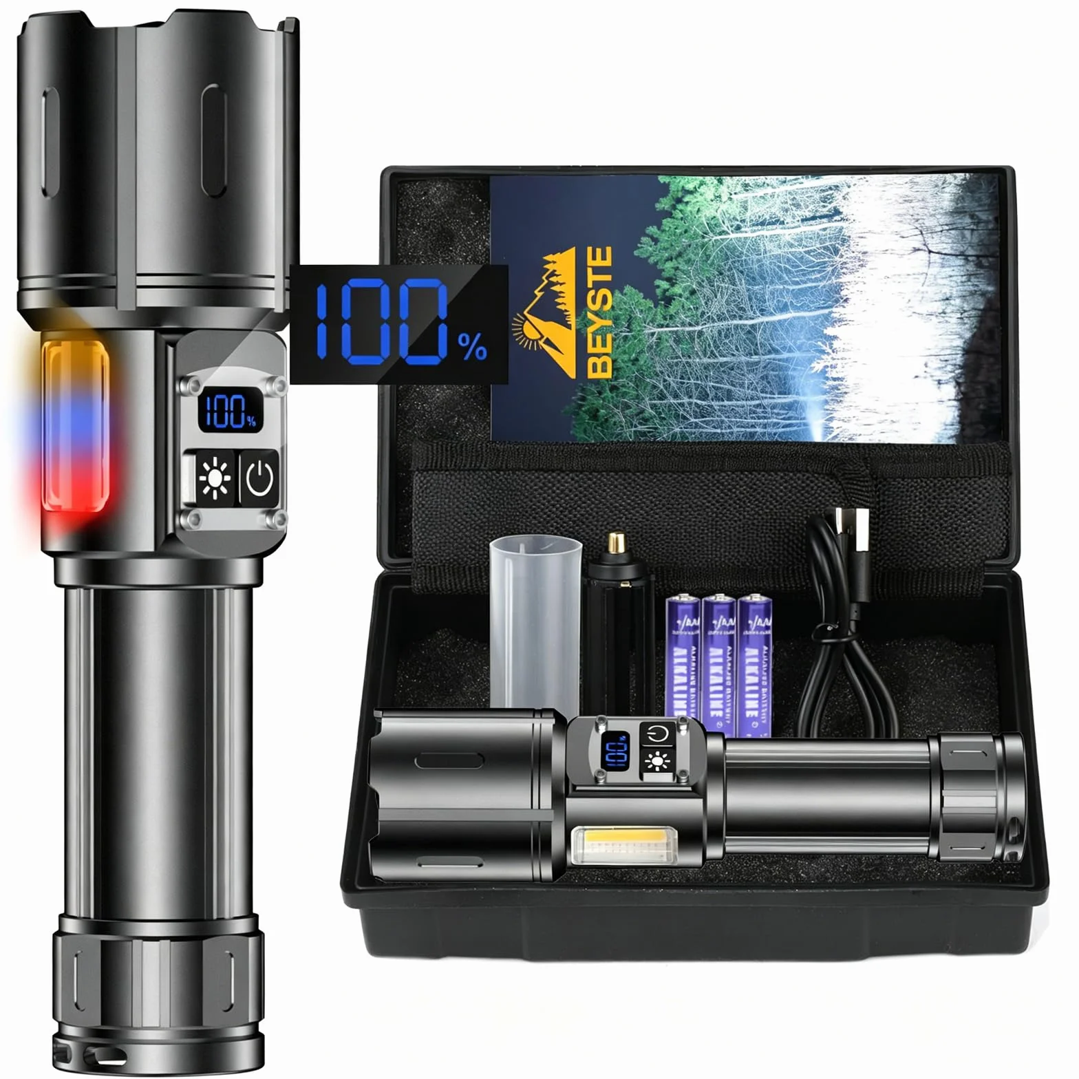 Linternas LED Alta Potencia, Linterna LED Recargable, Linternas Potente 1000000 Lúmenes, Linterna Tactica Policial, 9 Modos, Con Luz Lateral COB, Flashlight para Emergencia Acampada Regalo