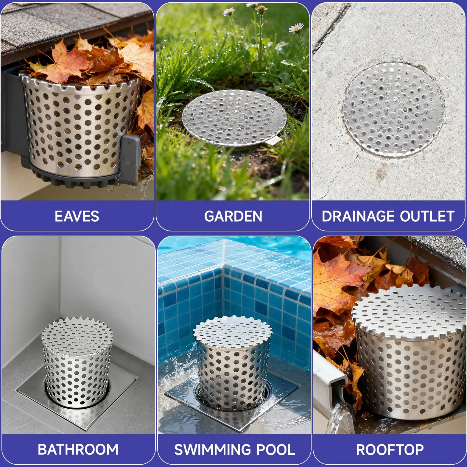 Rejilla Desague Ducha Jardin Acero Inoxidable 60-75mm, Tapa Desague Terraza, Canalones PVC Lluvia Tejado, Sumidero Protector