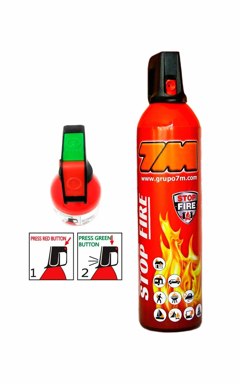 Mini extintor STOP FIRE. Extintor para casa, coche, taller, oficina, caravana, jardin, etc. NO es tóxico ni irritante. Fácil de limpiar. No necesita revisiones