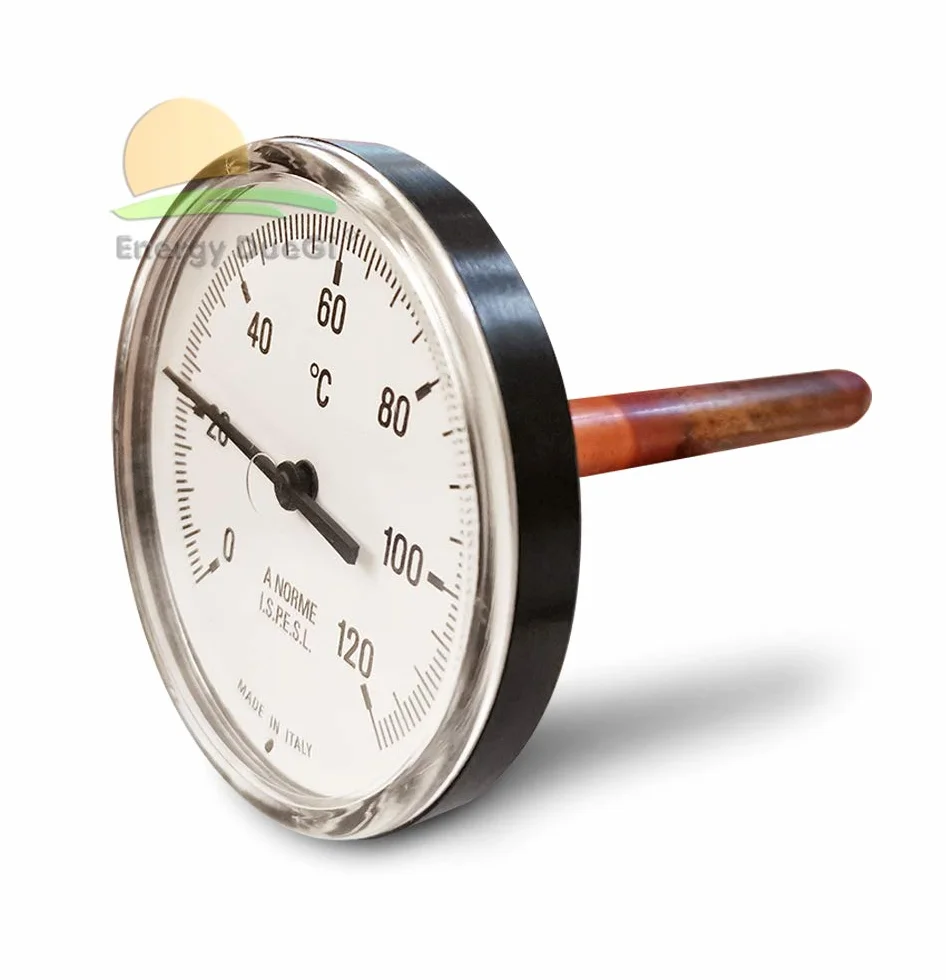 Termómetro bimetálico con mango largo de 10 cm, escala de 0 a 120 °C, diámetro de 62 mm, rosca de 1/2" M