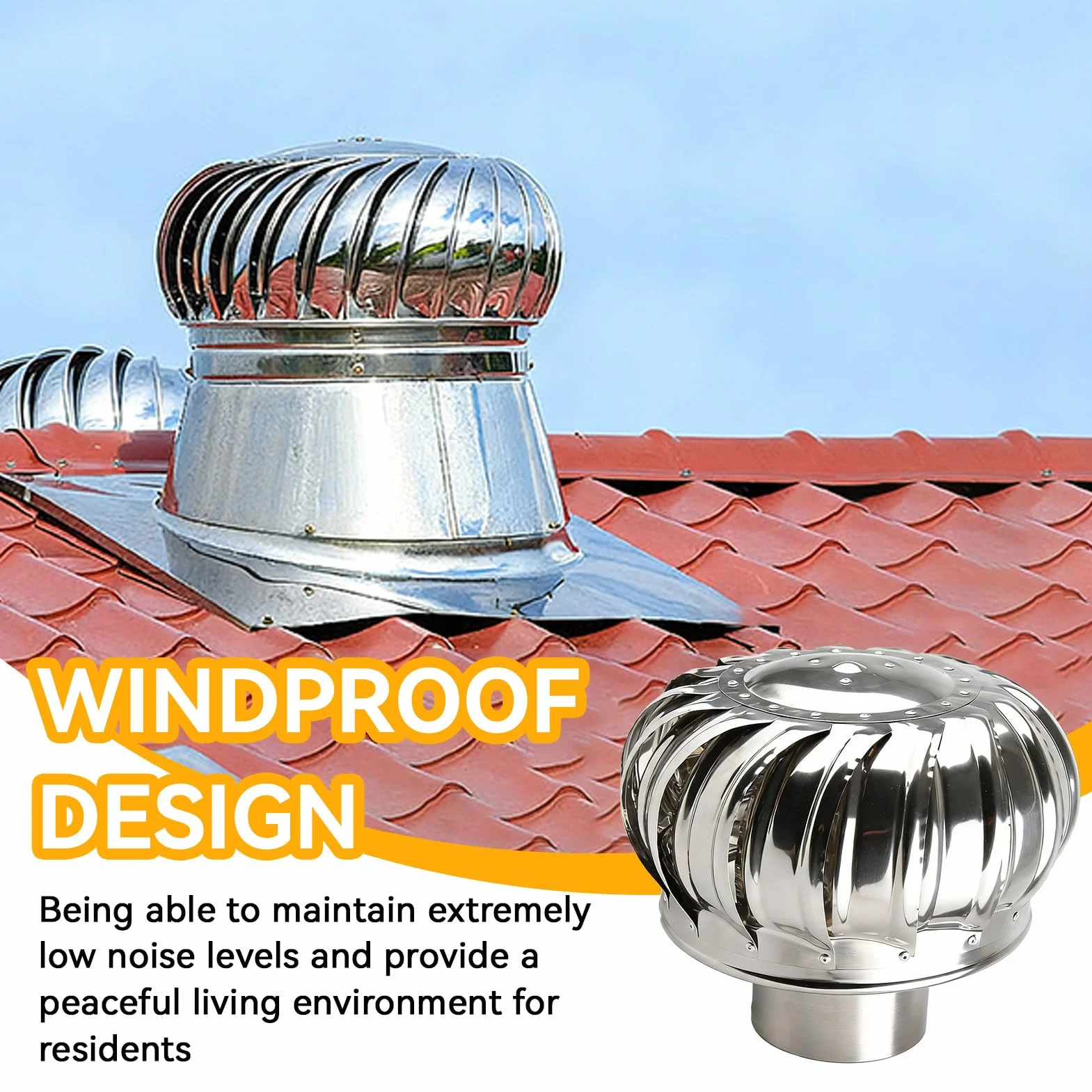 Turbina de Ventilación de Techo 110mm, Ventilador de Acero Inoxidable Automático Chimenea Rotativa para Ático Granja Fábrica y Vivienda Sistema de Ventilación sin Fugas