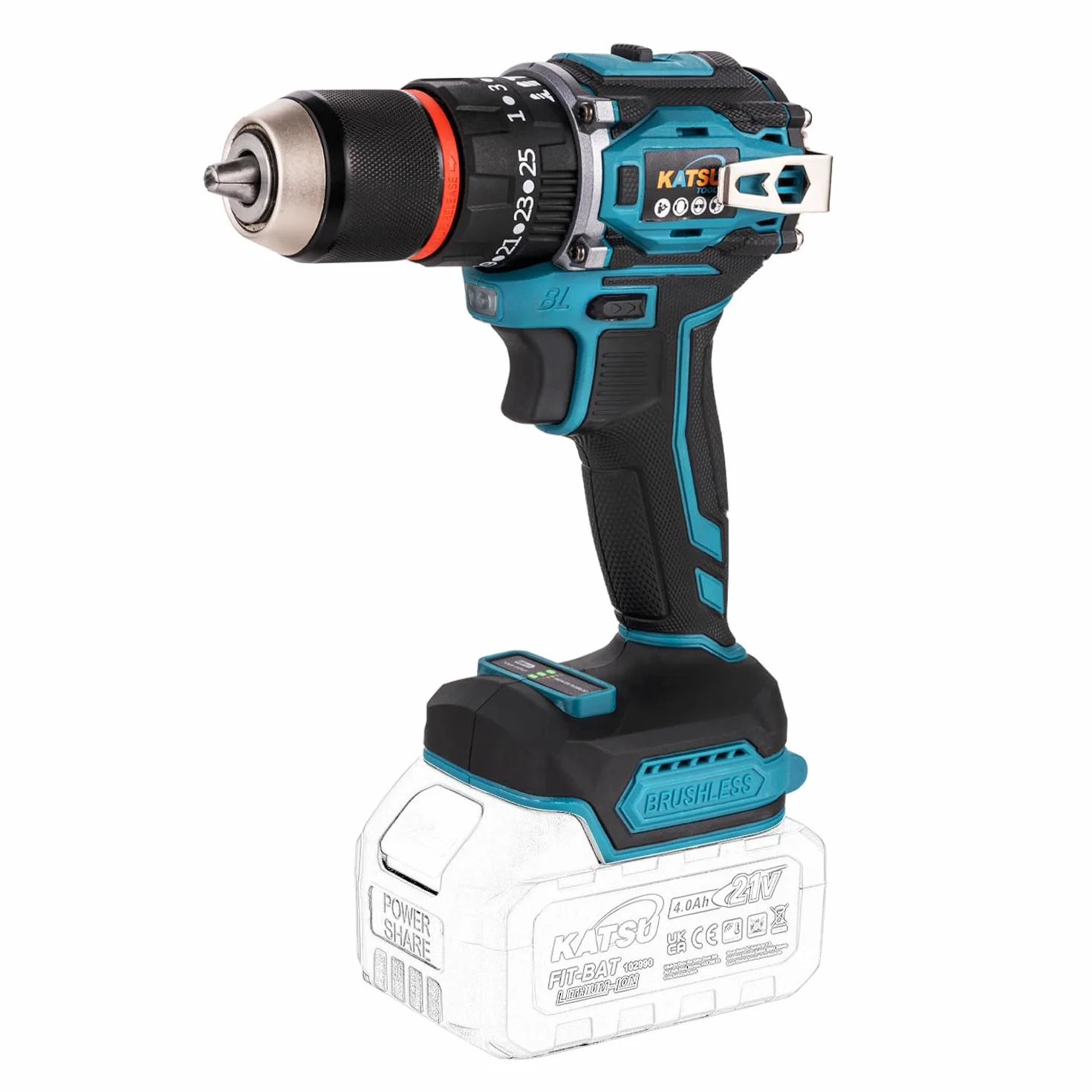 KATSU FIT-BAT de 21 V Taladro atornillador de impacto inalámbrico sin escobillas, portabrocas de 13 mm, sin batería 102624