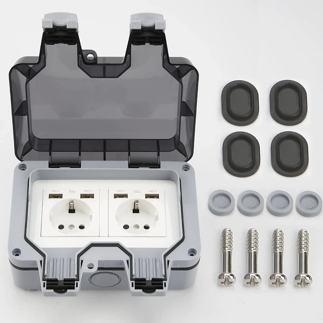 Enchufe exterior con puertos USB, enchufe de jardín, impermeable, IP66, contacto de protección con tapa abatible