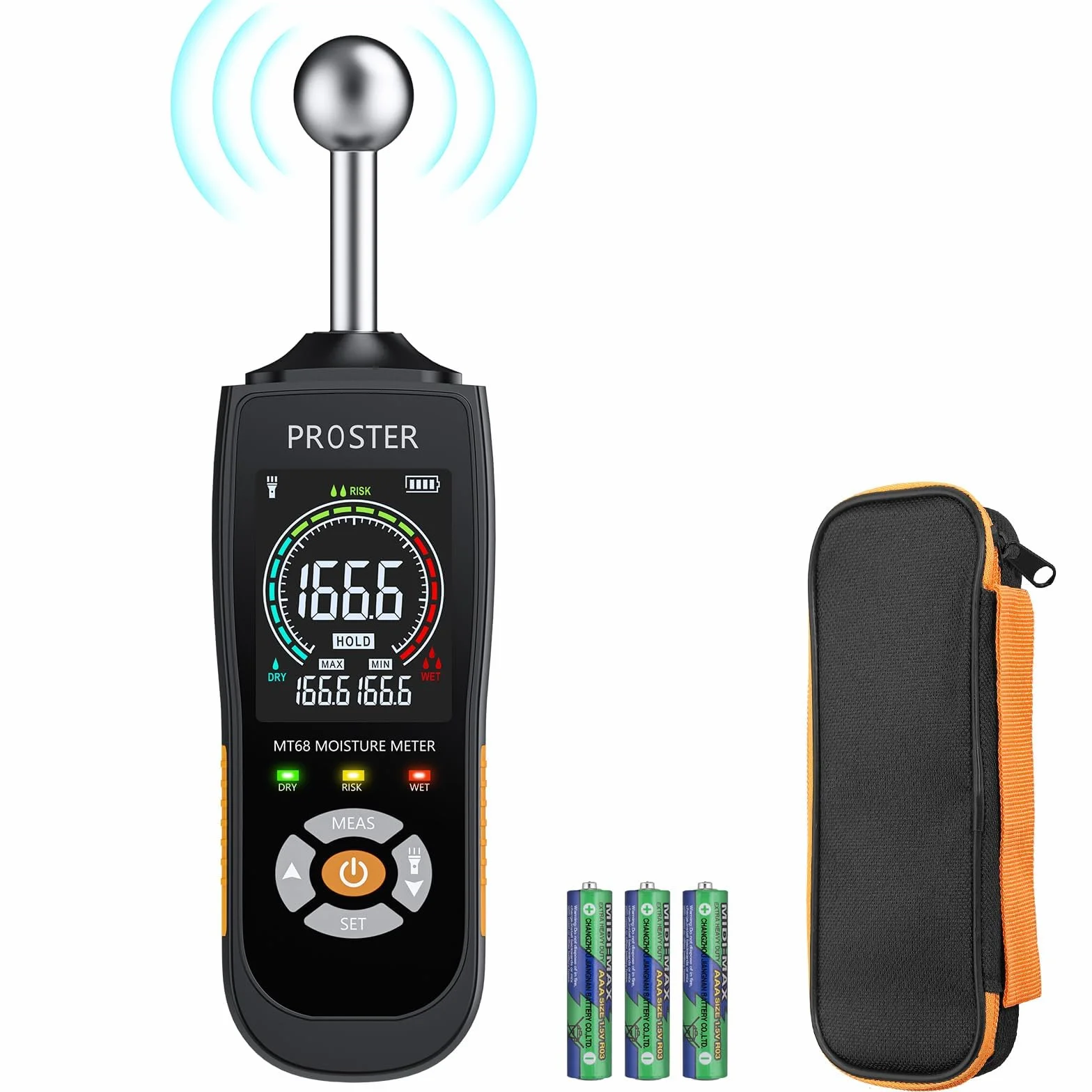 Proster Medidor de Humedad Detector de Humedad con Pantalla LCD a Color, Función de Alarma y Función de Retención Humidímetro de Pared 5-40 mm de Profundidad para Pared, Madera, Hormigón, Yeso, etc