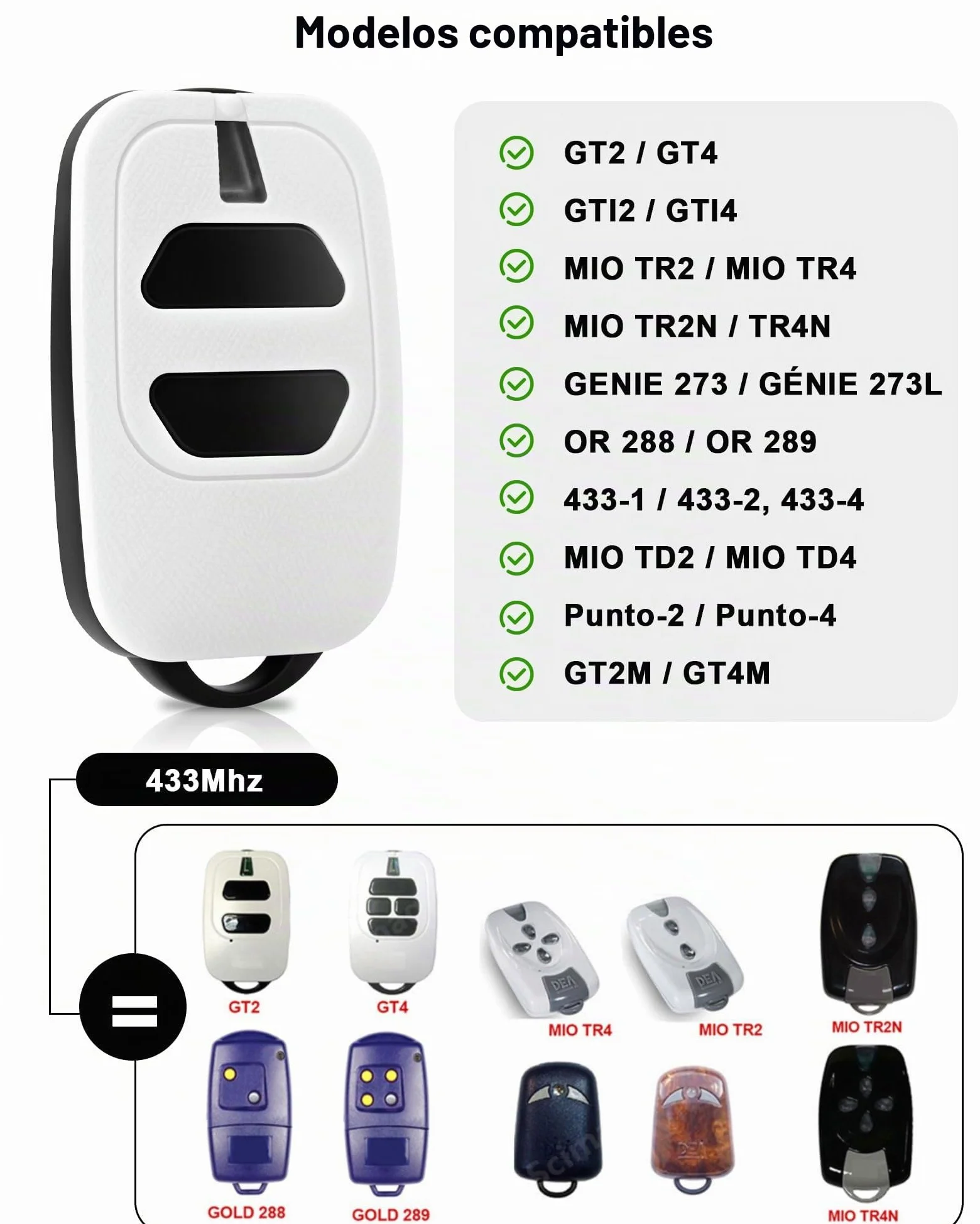 433,92 MHz - Puerta de control remoto para GTI4, GTI2, GT2/4, Mio TR2/4, Mio TR2N/4N, 2 canales, mando a distancia puerta, pitido puerta de garaje (2pcs-2botones)