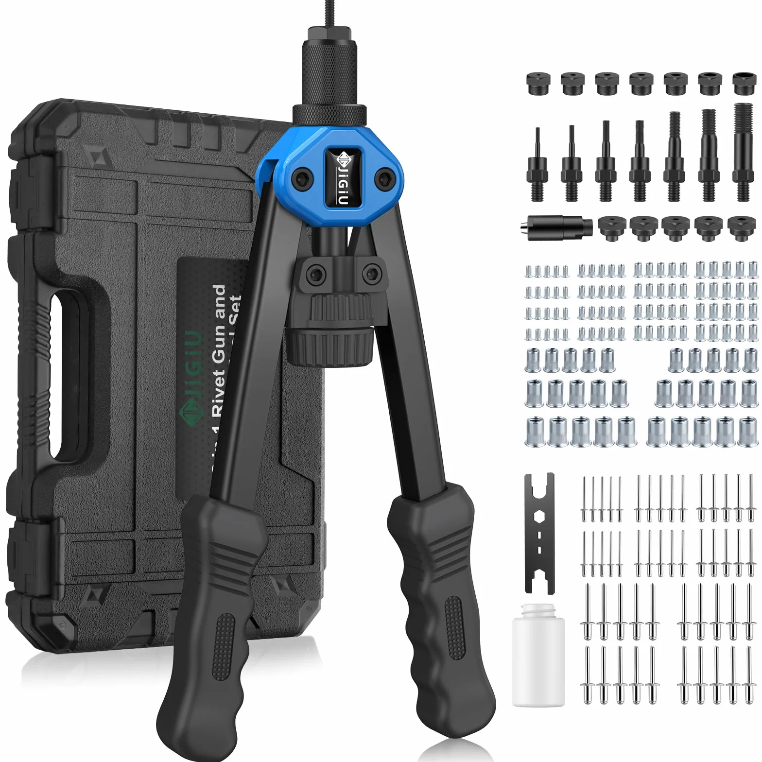 JiGiU Remachadora de Tuerca y Pistola de Remachador 2 en 1, Juego de Alicates para Remachar con M3 M4 M5 M6 M8 M10 M12 y 5 Cabezas Remachables 3.2 4.0 4.8 6.0 6.4mm con 110 Tuercas y 50 Remaches-Azul