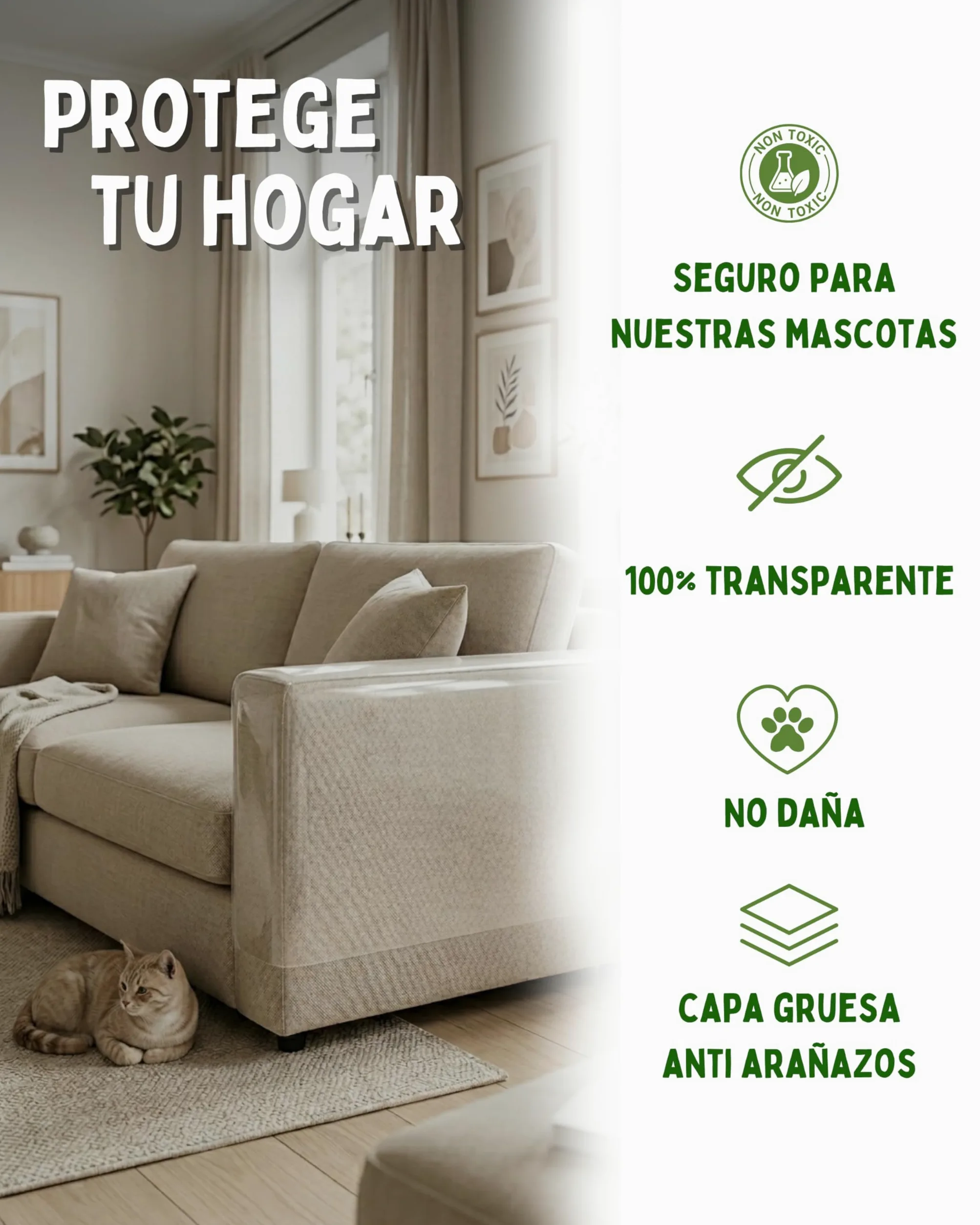 Protector Sofa Gatos Arañazos 40cm x 5m - Plastico Adhesivo Antiarañazos para Sofa y Puertas, Protector Transparente para Gatos y Perros, Fácil de Instalar