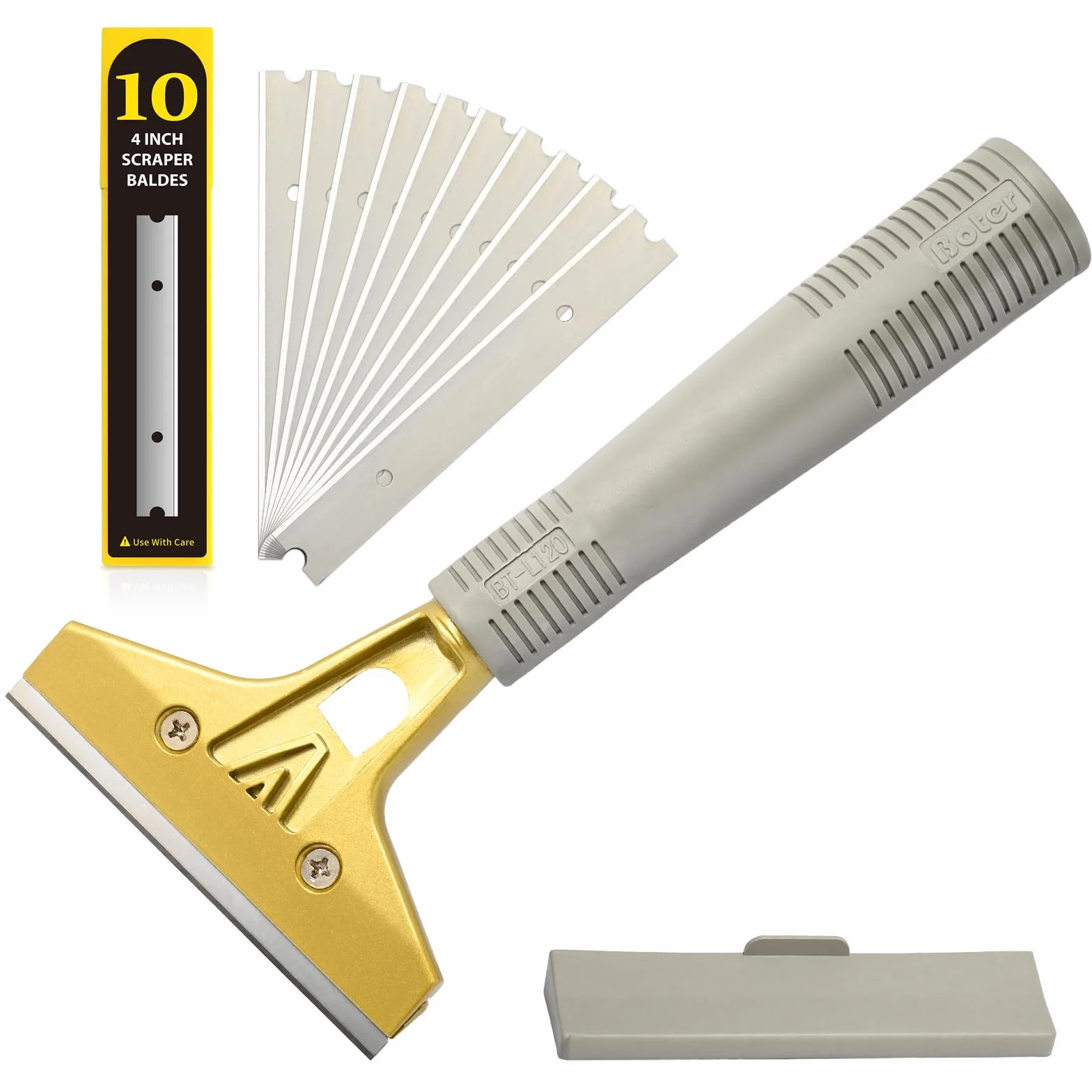 EHDIS Rasqueta con 10 Piezas Cuchillas, asa Larga Raspador y Rascavidrios Profesional para ventana de vidrio, Parabrisas, Granito, Limpieza de paredes Herramienta de mano, oro