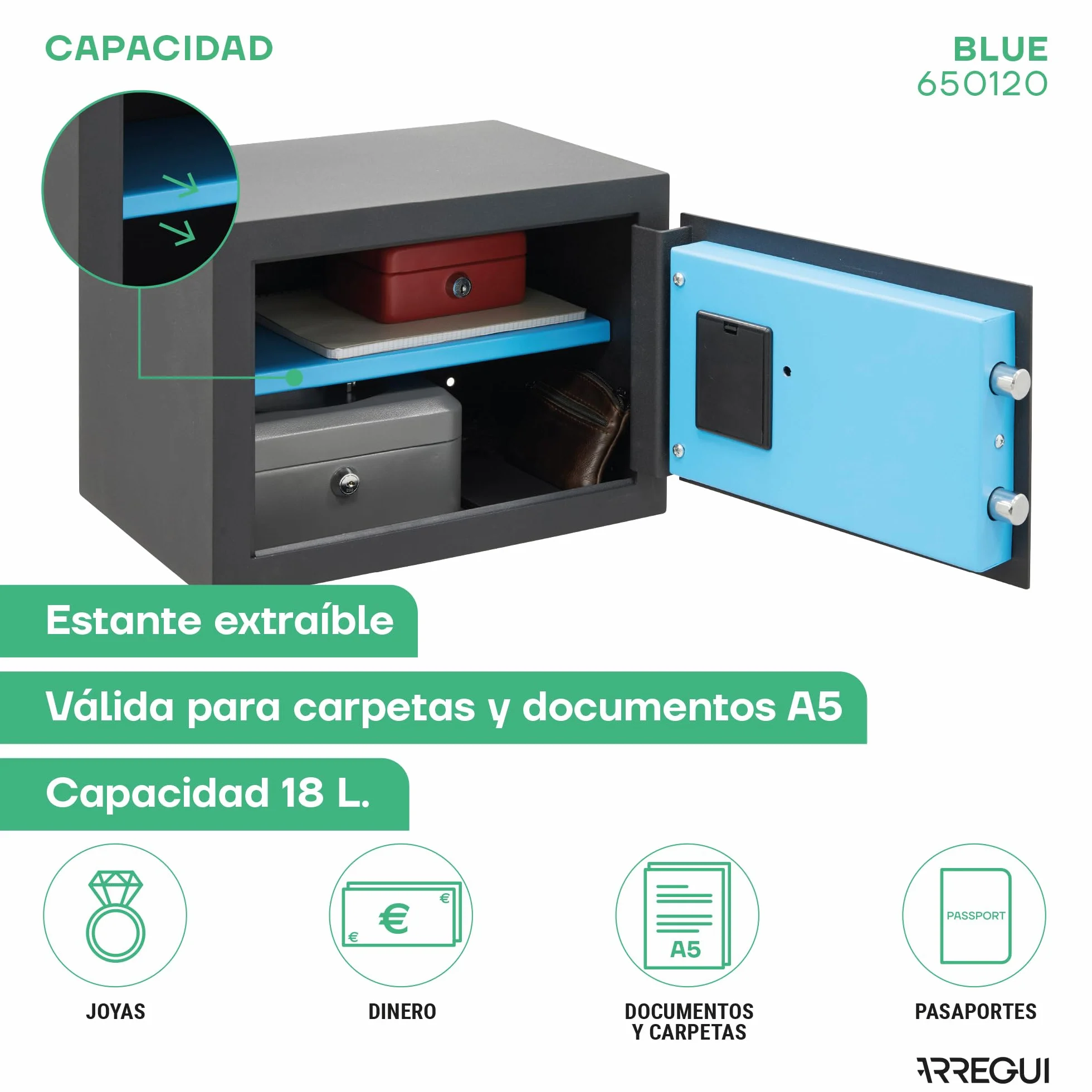 ARREGUI Blue 650120 Caja Fuerte de Acero con Cerradura Electrónica | 25x35x25 cm | 18 L | Caja de Seguridad para Casa y Hogar | Teclado con Códigos Programables | con Llave de Emergencia | grafito
