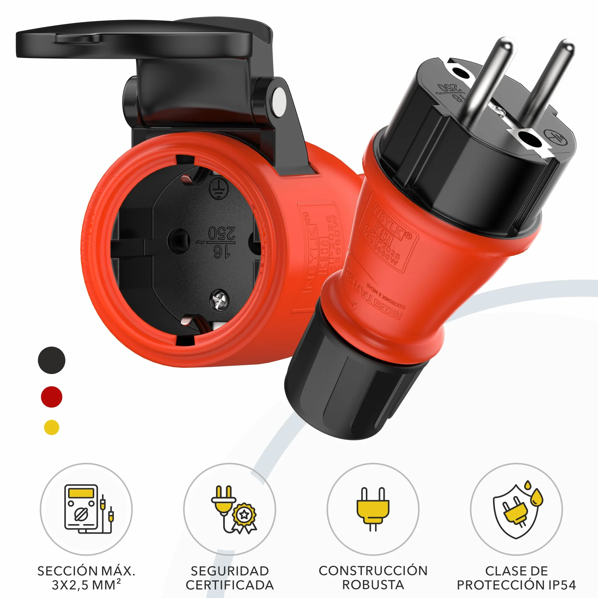 Clavija Enchufe Macho Schuko IP54 Goma Exteriores Negro Rojo