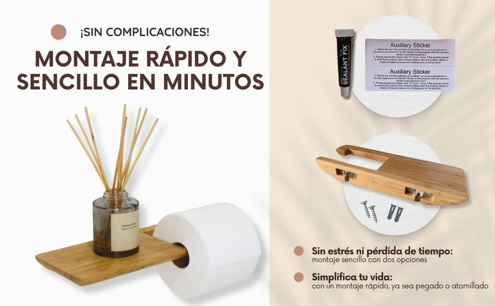 Portarrollos Papel Higiénico y Baño Sin Taladro Adhesivo | Soporte Bambu Decoración | Toilet Paper Holder | Soporte de Papel Higiénico + Toallero a Juego Disponible