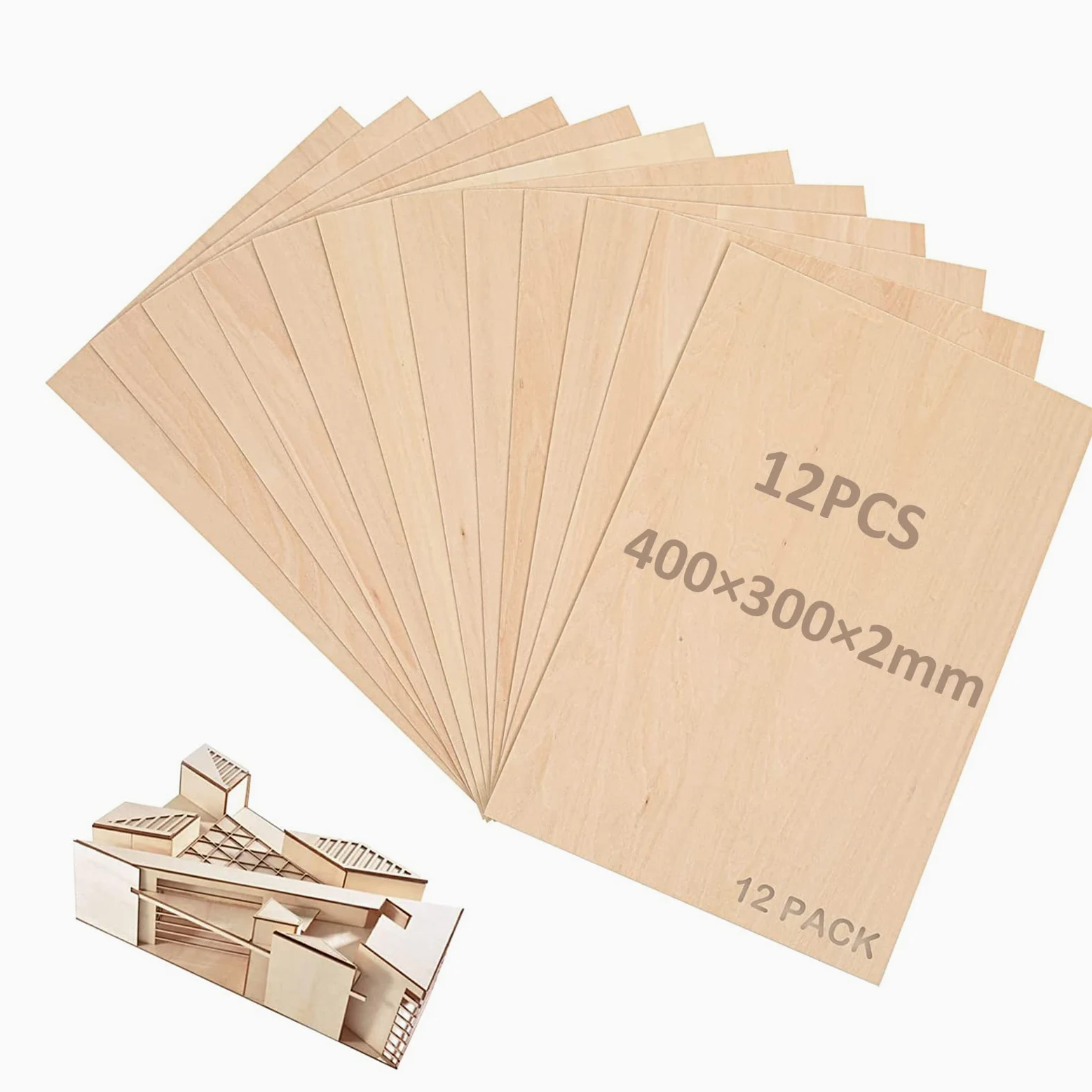 SENENQU 12 Piezas Tablero Madera de Balsa 400 x 300 x 2 mm, Contrachapado de Tilo para Manualidades Grandes, Corte Láser, Pirograbado, Modelismo y Pintura DIY, Superficie Lisa Color Madera