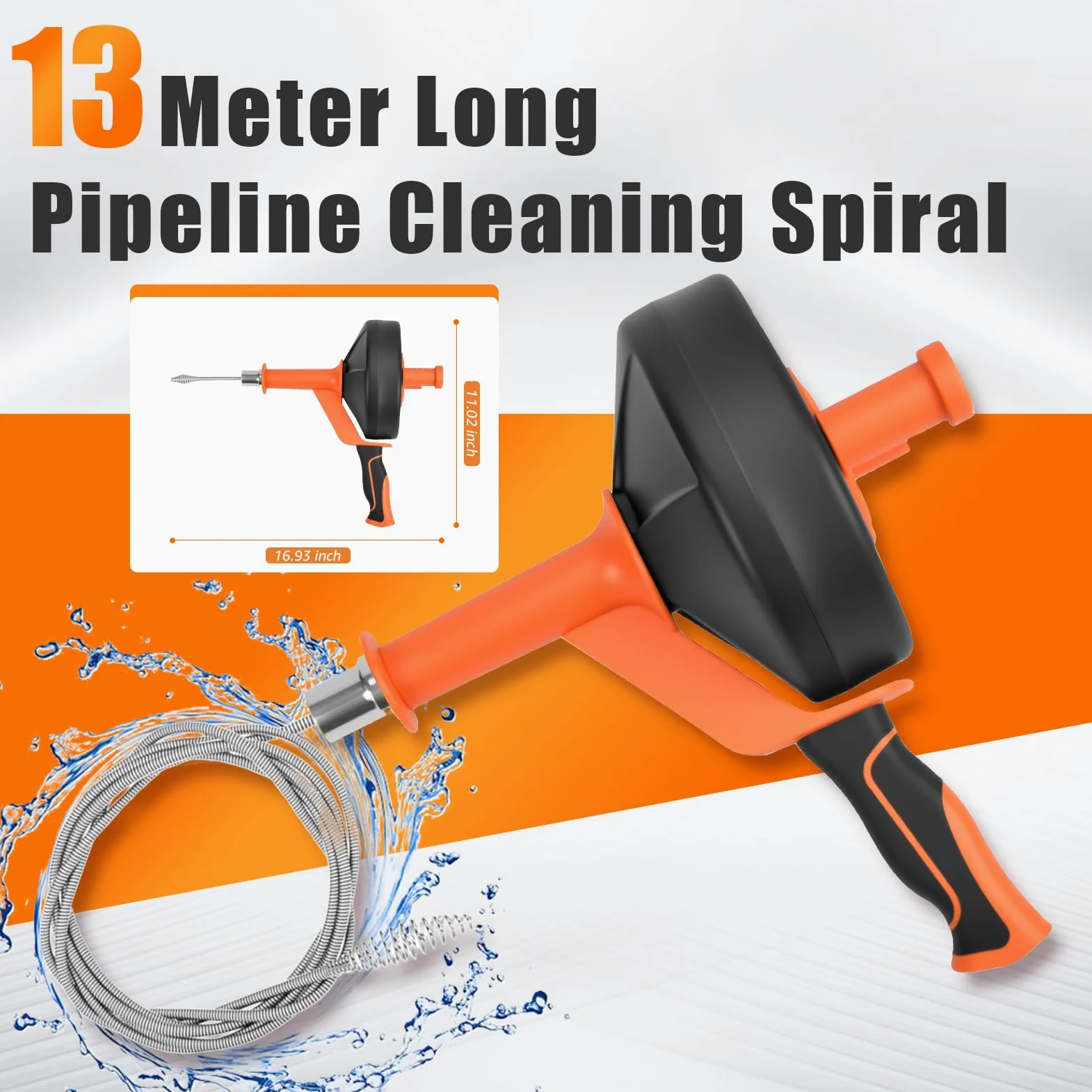 Espiral de limpieza de tuberías con accesorio de perforación de 13 m | Serpentín para Desatascos Ecológico, Ideal para Cocina y Baño – Cable de Acero al Manganeso, Empuñadura Antivibración