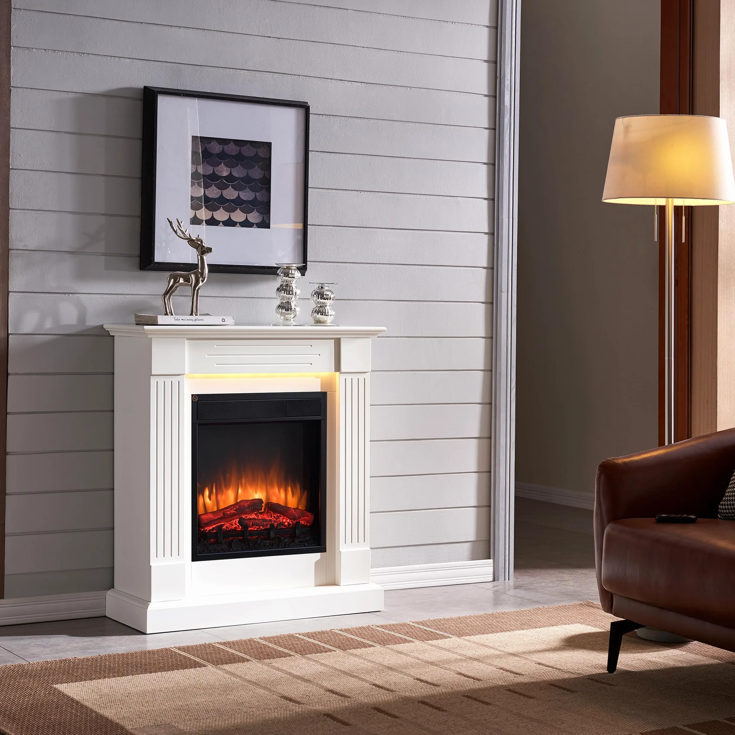 BALDERIA Chimenea eléctrica de pie Ladina, 2000 W, Blanco | Efecto de Llama 3D, Calentador, Calefacción, Iluminación Ambiental LED, Mando a Distancia, Temporizador y termostato