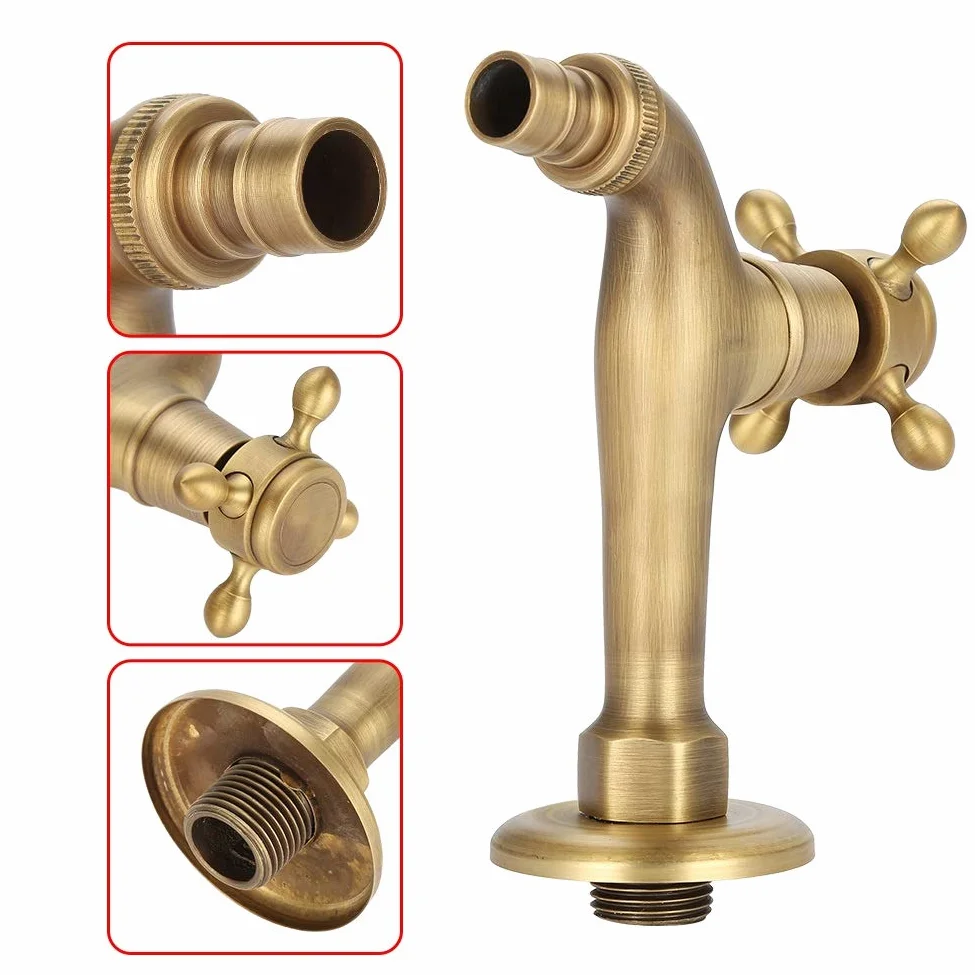 MAGT Grifo Vintage Latón, Grifo de Agua de Latón Vintage Mango Cruzado Único Adaptador de Grifo de Control de Agua Fría/Caliente Montado en Pared (Grifo de Agua Largo)