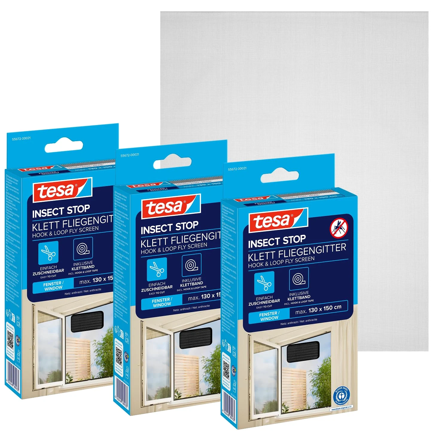 tesa INSECT STOP H&L Fly Screen for Window - mosquitera con cinta autoadhesiva, corte a medida, sin taladrar, antracita - 3x 130 x 150 cm