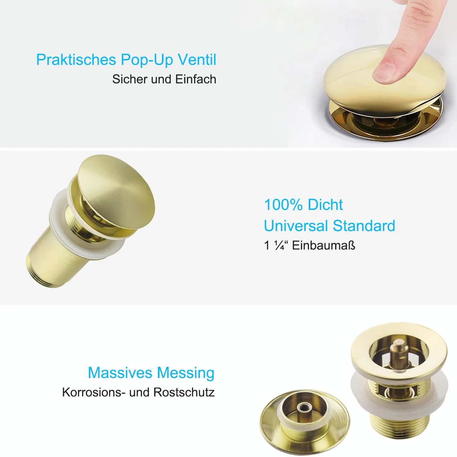 Sifón de diseño con desagüe con rebosadero para lavabo, color dorado cepillado, sifón universal y válvula de desagüe para baño, sifón de latón