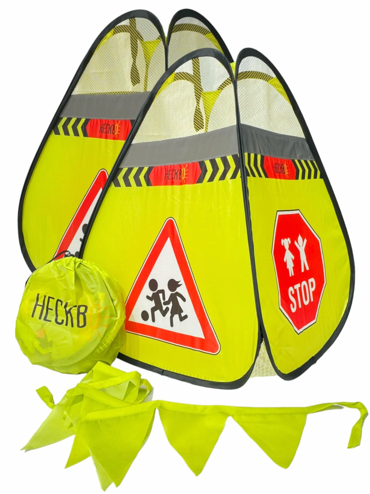 HECKBO 2 carteles de advertencia de calle para niños, con pilones y banderines, juego de seguridad para niños