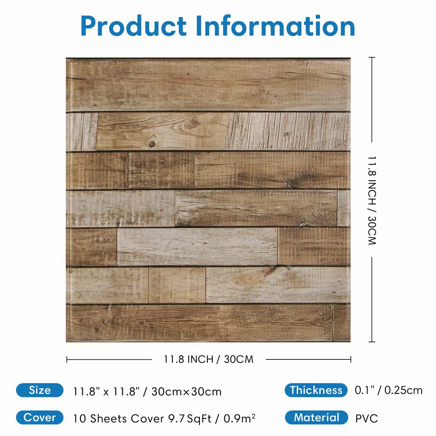 COMSTICKC Paneles de Pared 3D Adhesivos Efecto Madera,10 piezas, 30 x 30 cm, Paneles de Pared de PVC Imitación Madera, Pegatinas de Pared 3D Imitación Madera, Impermeables (Color madera)