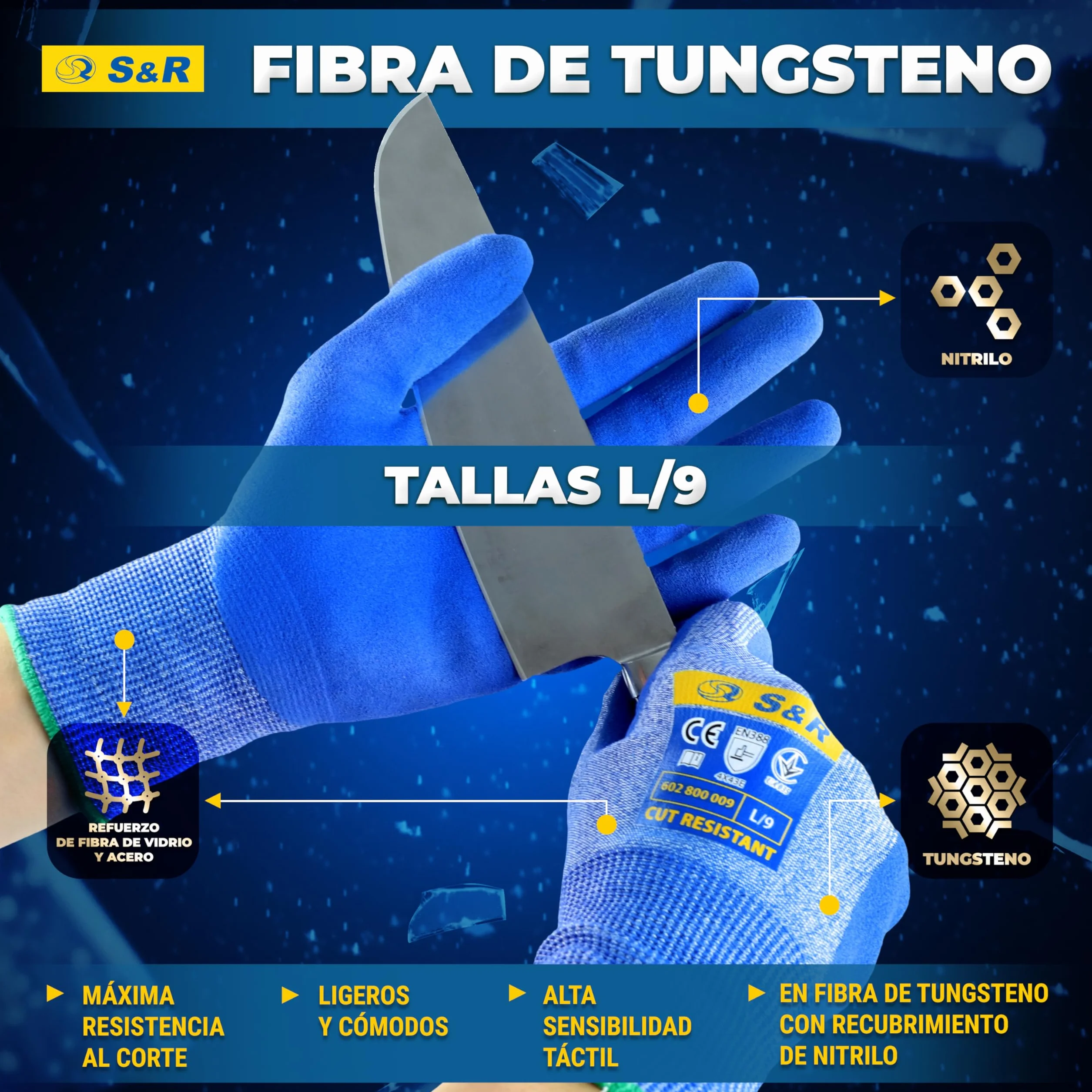 S&R 3 PARES Guantes Anticorte Nivel 5. Guantes de Trabajo Talla L/9 para Jardinería/Cocina. Tejido de Tungsteno y Nitrilo