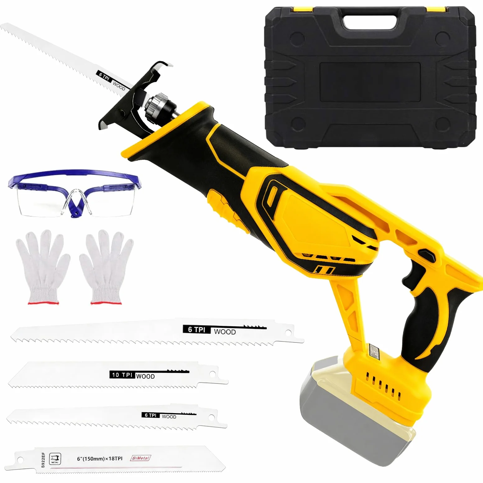Sierra de sable inalámbrica compatible con batería Dewalt de 20 V | Para trabajos de sierra con madera/acero con 4 hojas de sierra sable, gafas y guantes (sin batería/sin cargador)