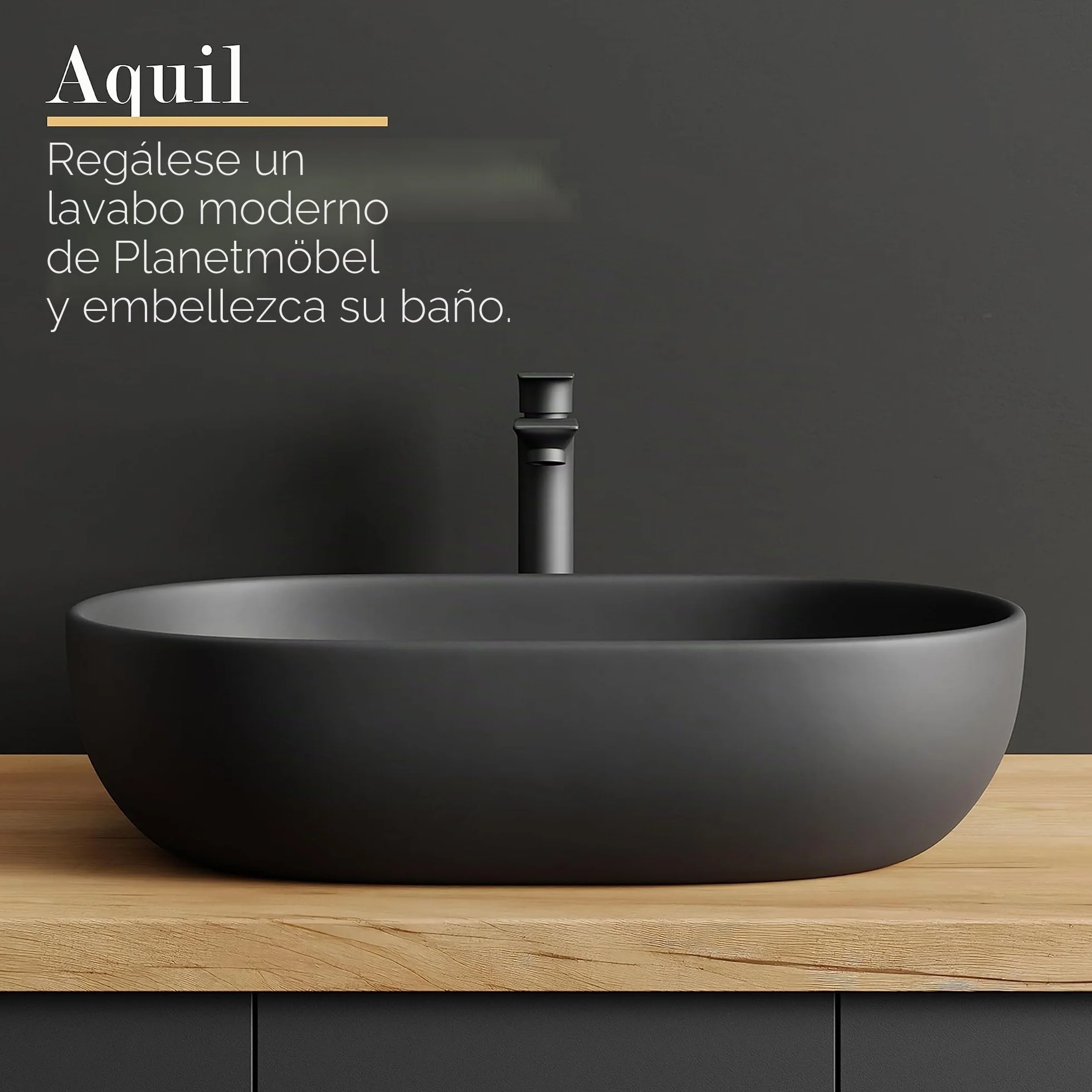 Planetmöbel Aquil Deluxe Lavabo Oval | Lavabo de encimera para baño y aseo de invitados | Lavabo sin orificio para grifo y desagüe | Negro mate, 60 x 40 x 15 cm
