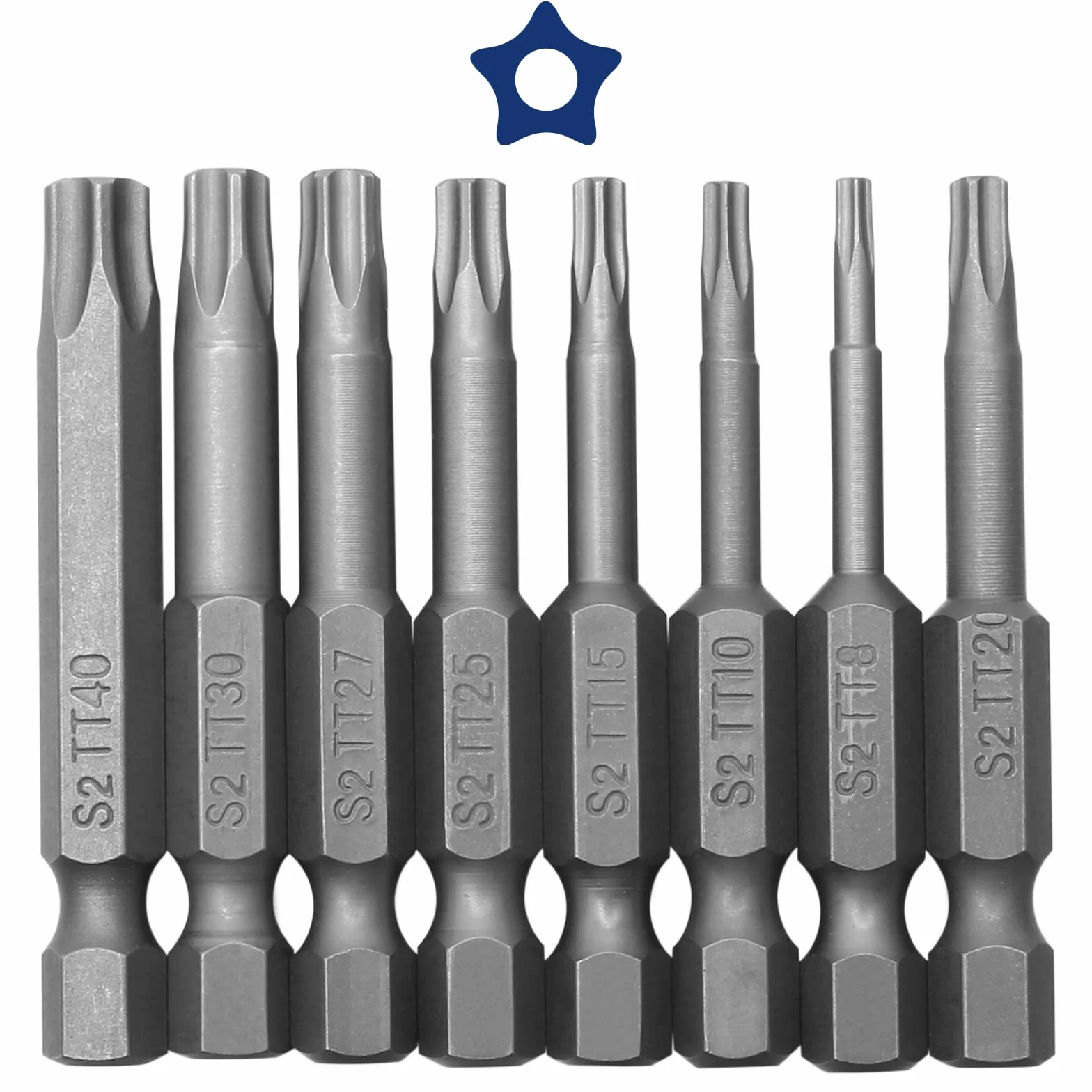 Juego de 8 puntas de destornillador Torx de 5 puntos, cabeza de seguridad Torx magnética de 1/4 pulgadas, T8 T10 T15 T20 T25 T27 T30 T40, S2
