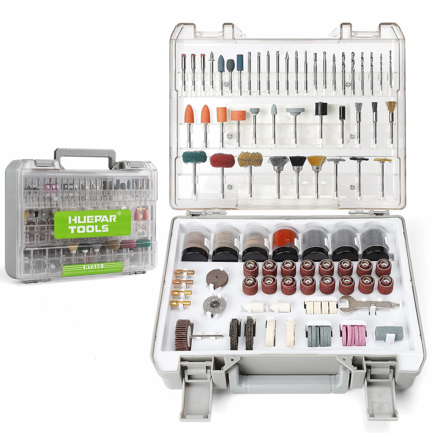Kit de 510 Accesorios de Herramientas Rotativa, Huepar Tools Accesorios Variados Multiusos, Universales Accesorios para Dremel u Otro, Reutilizables, para Cortar, Esmerilar, Pulir, Taladrar y Grabado
