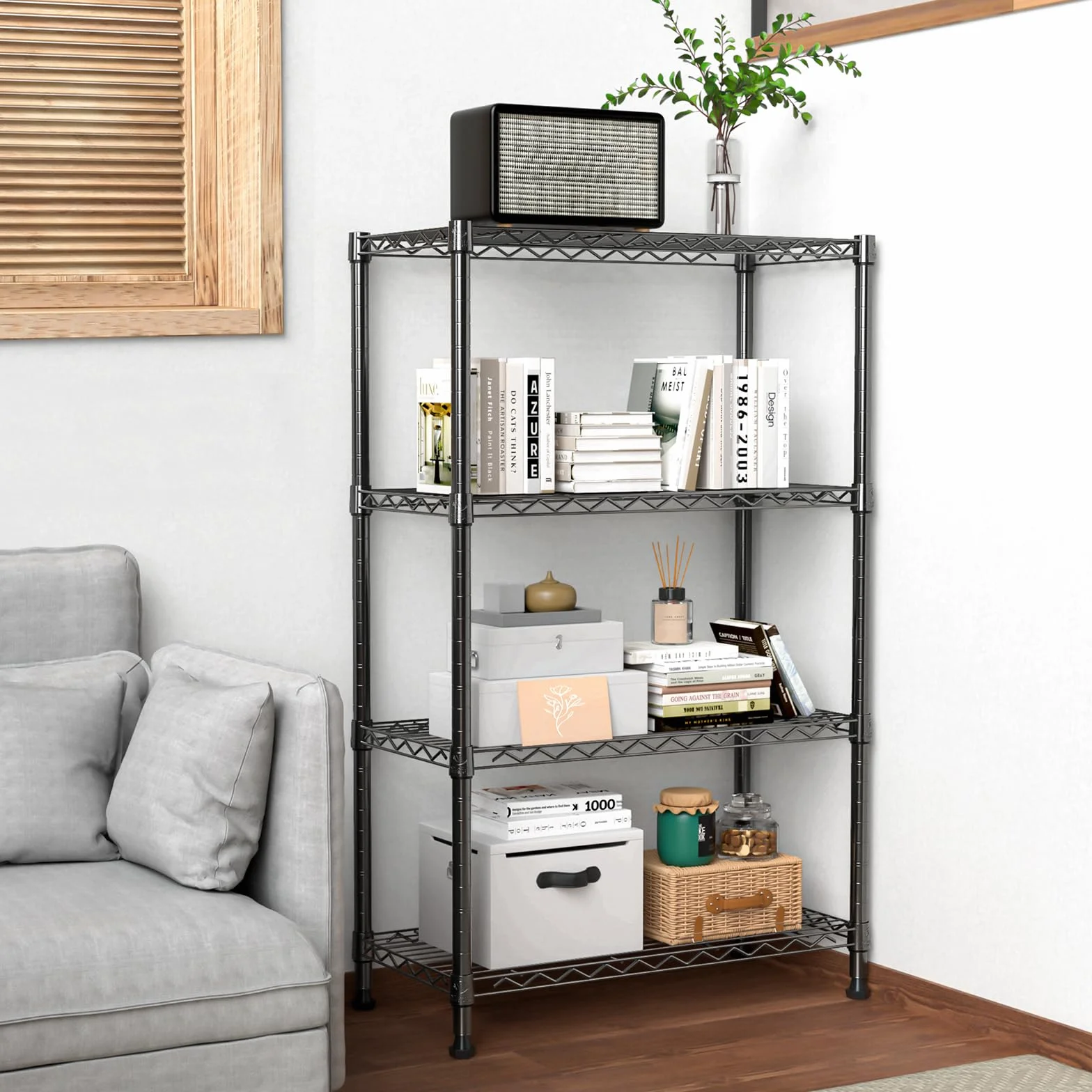 M MZG Estantería Metálica de 4 Nivele, Capacidad de Carga de 454 kg, Baldas Ajustables, para Garaje, Trastero, Lavandería y Cocina,Estudio,Negros, 35 x 60 x 135,8 cm
