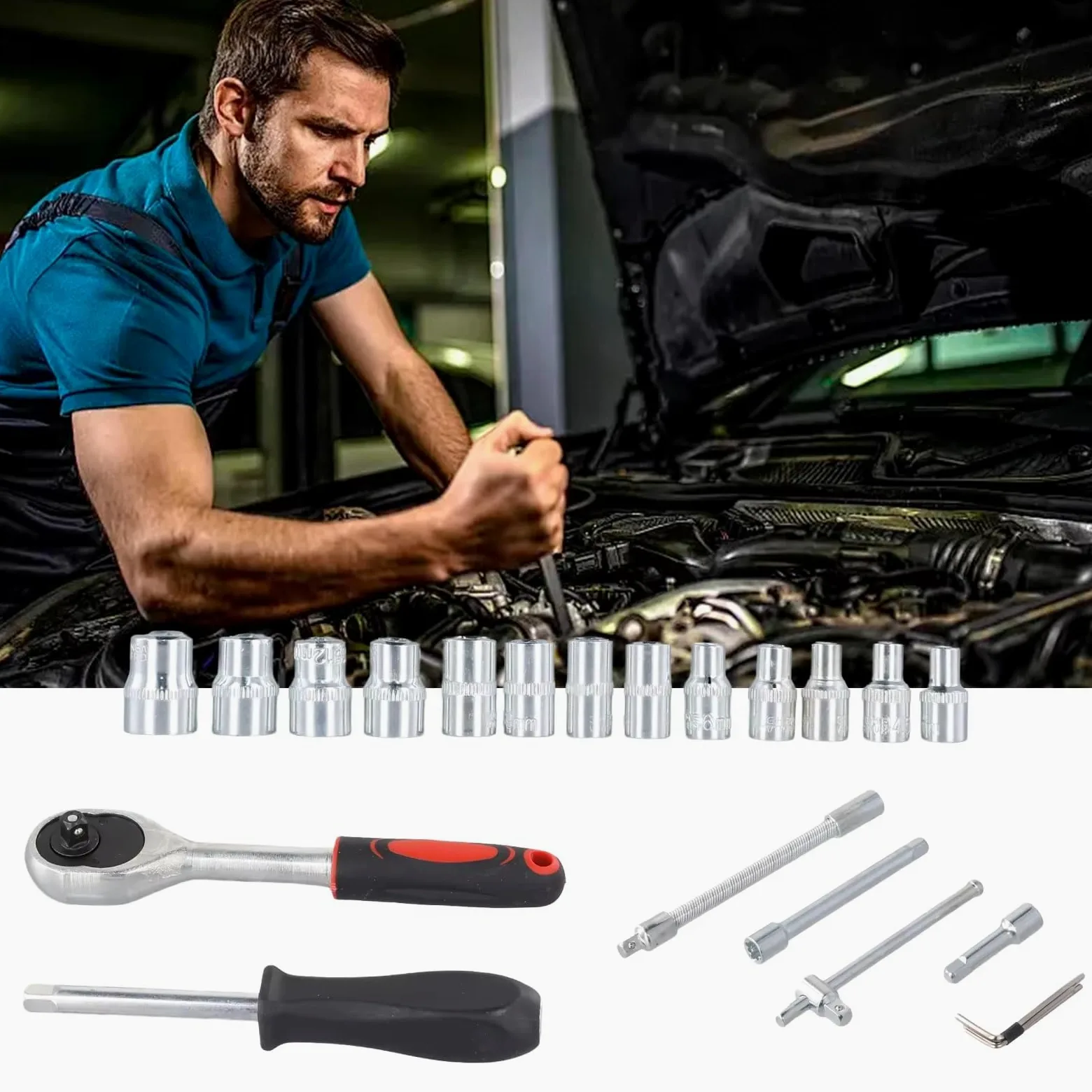 Llave Carraca Juego Herramientas Manuales Reparación Automotriz Caja Herramientas Mecánica Llave Vaso Destornillador De Trinquete 46 Uds.
