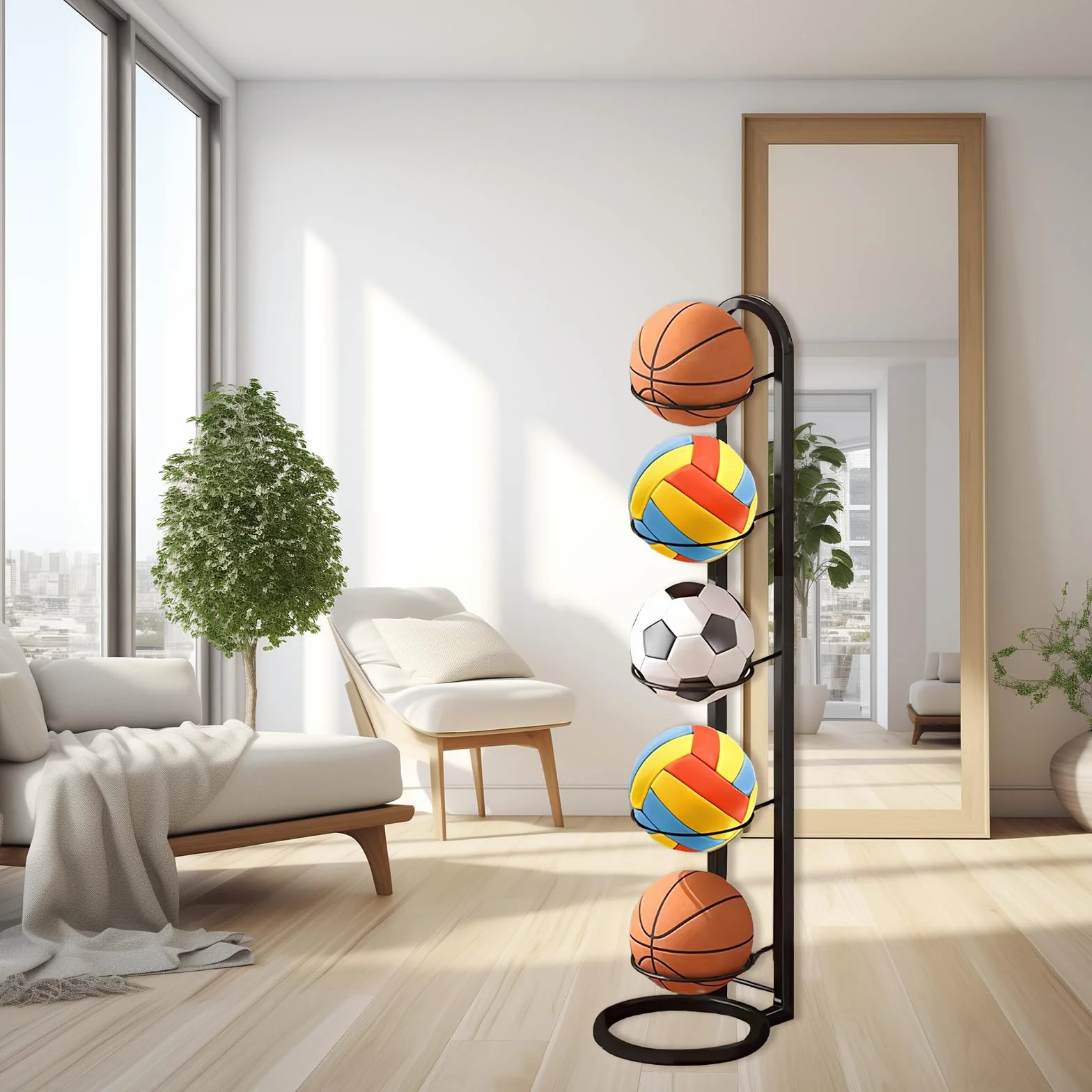 Estante de baloncesto de 5 niveles, soporte de pelota vertical, soporte extraíble, organizador de garaje para equipo deportivo de fútbol, voleibol