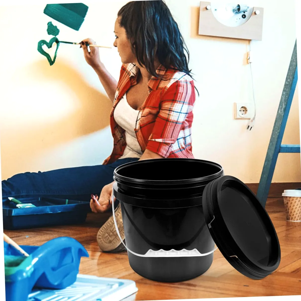 Cubo de Plástico con Tapa y Asa, 10l, Negro para Pintura | Recipiente Reutilizable de Pp, Boca Ancha, para Almacenar y Transportar Líquidos, Uso Profesional