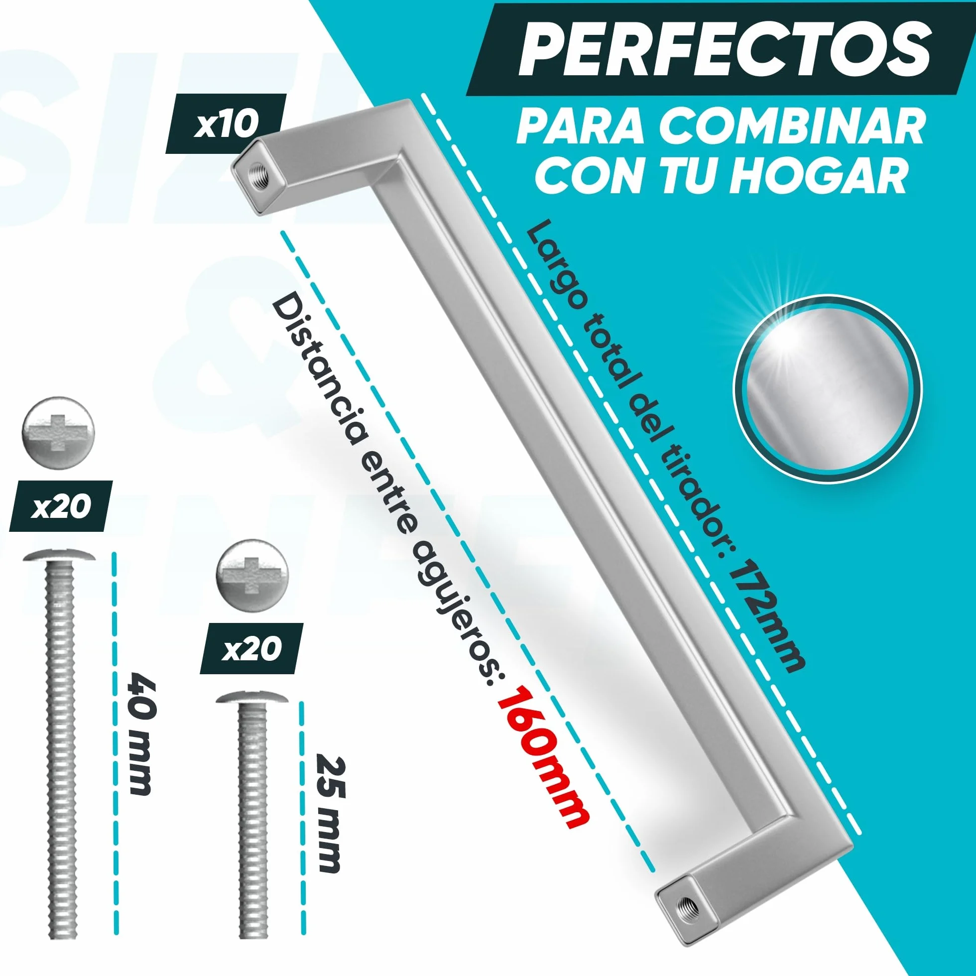Tiradores Cocina Plateados 160MM (10 Unidades) - Tiradores Armarios Cuadrados - Manillas Rectangulares para puertas de armarios y muebles de cocina.