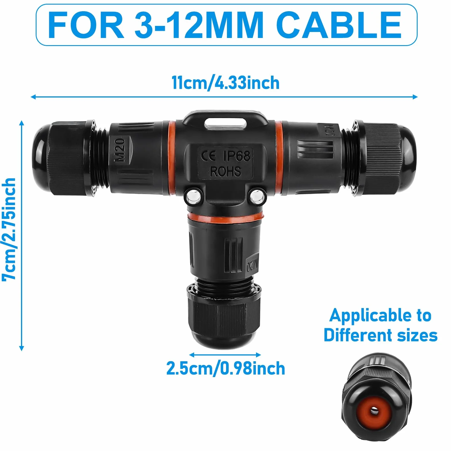 6 conectores de cable de 3 polos, resistentes al agua IP68, conector de cable en forma de T, resistente al agua de 3 pines, manguito de conexión para cable de 3 a 12 mm de diámetro, caja de derivación