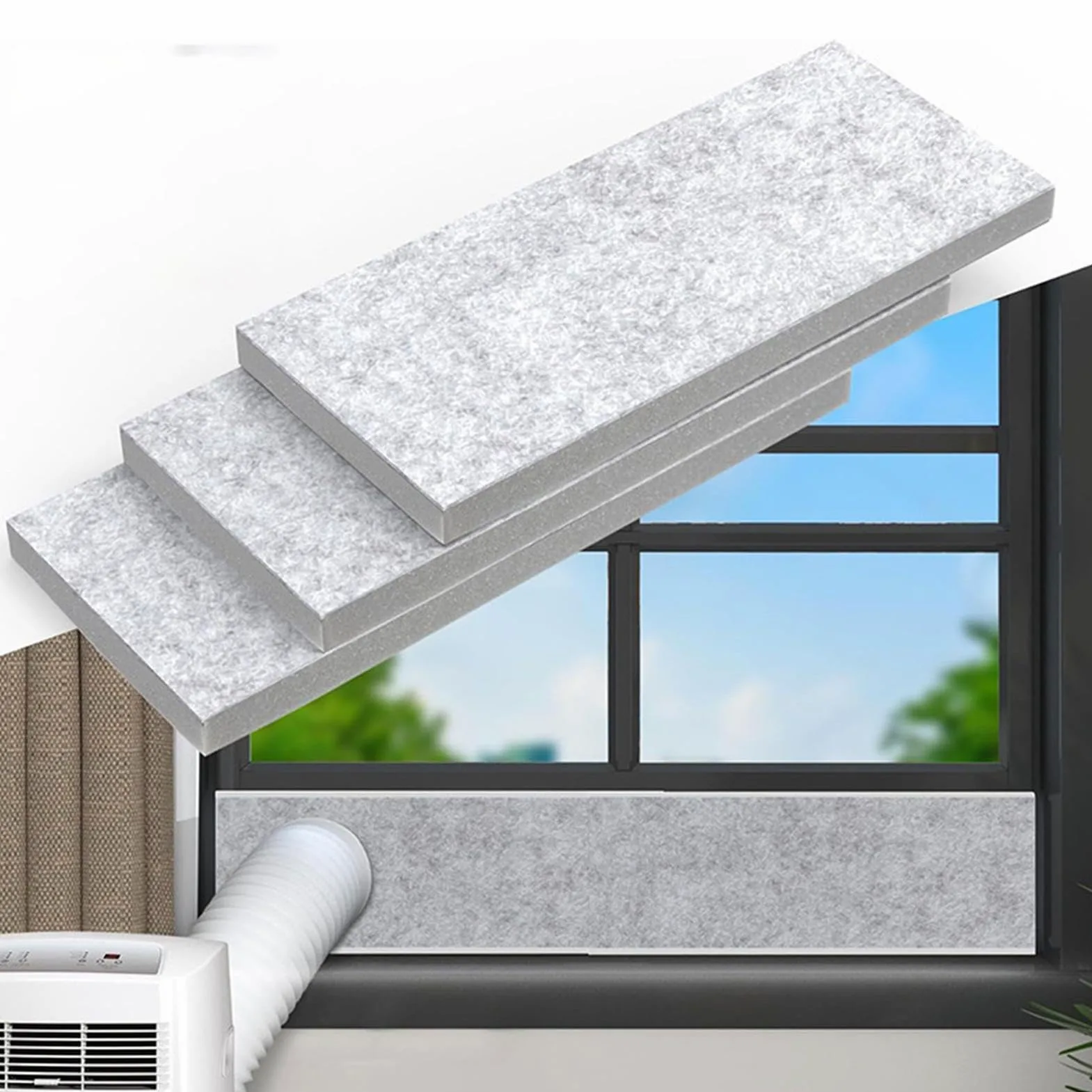 Juego de juntas de ventana – Placa de espuma aislante lateral de 42 cm | Kit de ventana universal portátil para aire acondicionado móvil | Cremallera autoadhesiva de 400 cm de largo, ventilación de CA