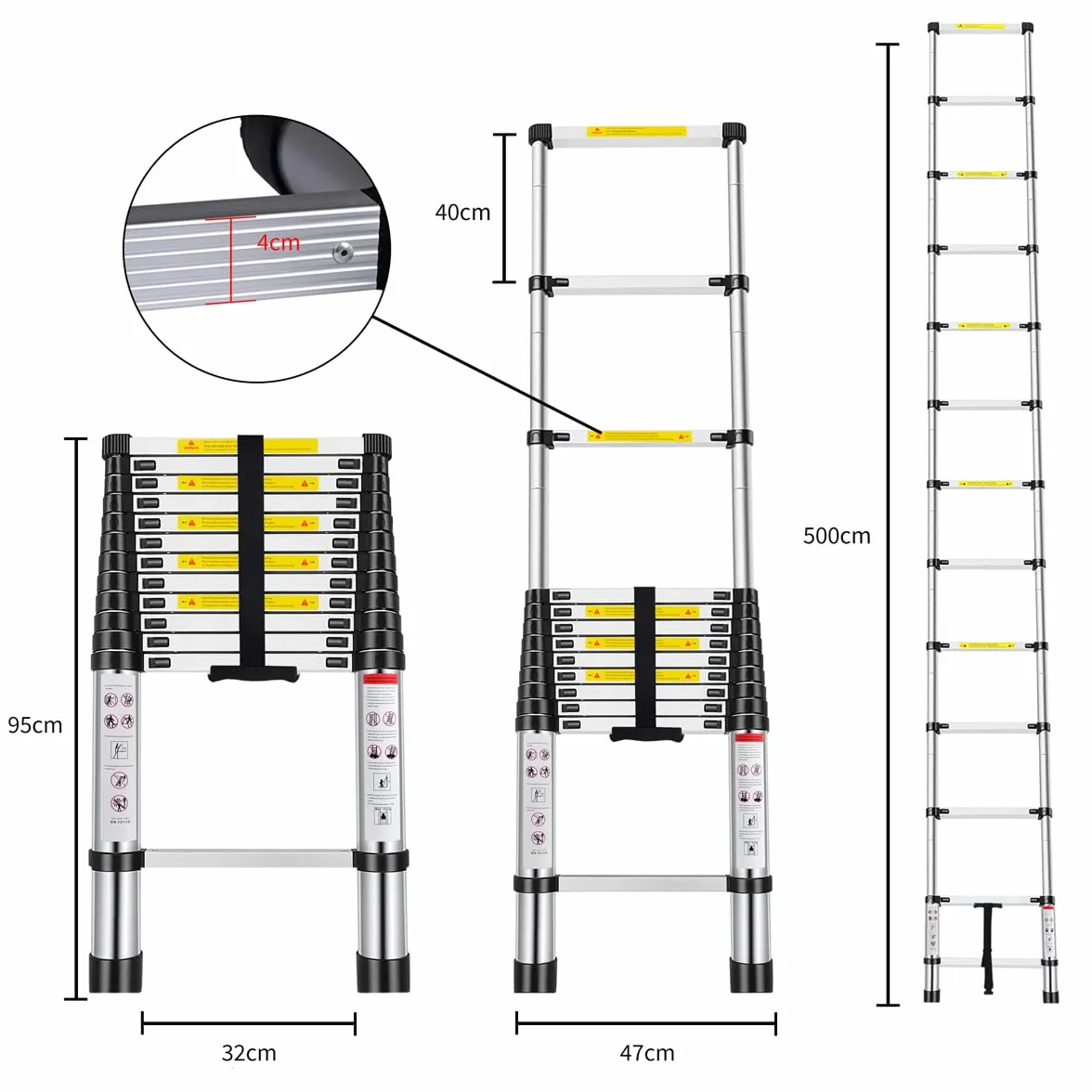 Escalera Telescópica 5 Metros de Aluminio Extensible y Plegable | Compacta, Ligera, Portátil y Antideslizante | Ideal para Uso Doméstico, Profesional, Reformas, Jardín, Taller, Alturas
