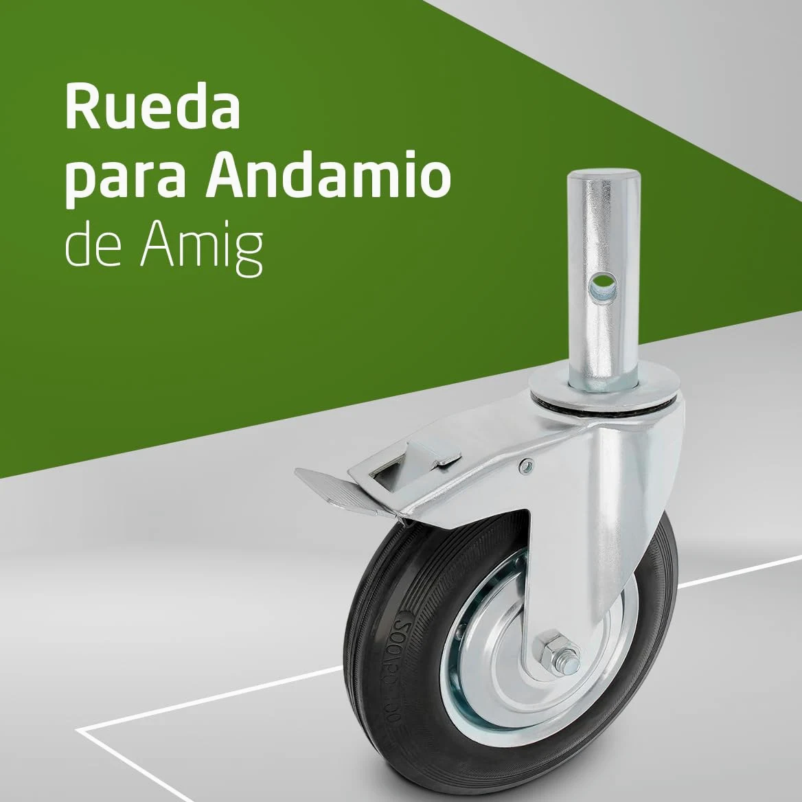 Amig - Rueda Andamio Macho con Freno - Ø200 mm - Núcleo Metálico y Banda de Goma - Rodamientos de Rodillos - Soporta 200 kg - Ideal para Andamios y Suelos Interiores/Exteriores - Ruedas Giratorias
