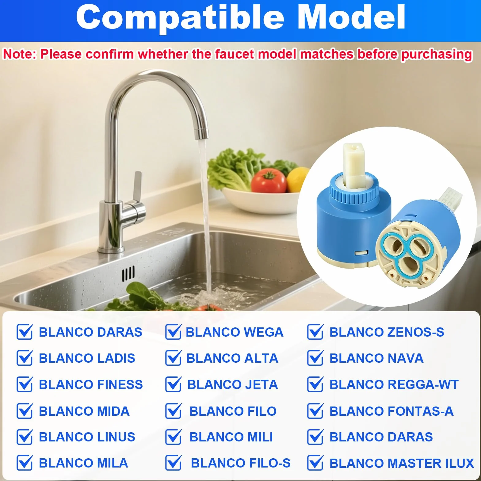 Cartucho Grifo Monomando 35mm 2 Piezas - Cartucho Cerámico de Repuesto para Blanco 121894, Válvula de Reparación para Cocina y Lavabo
