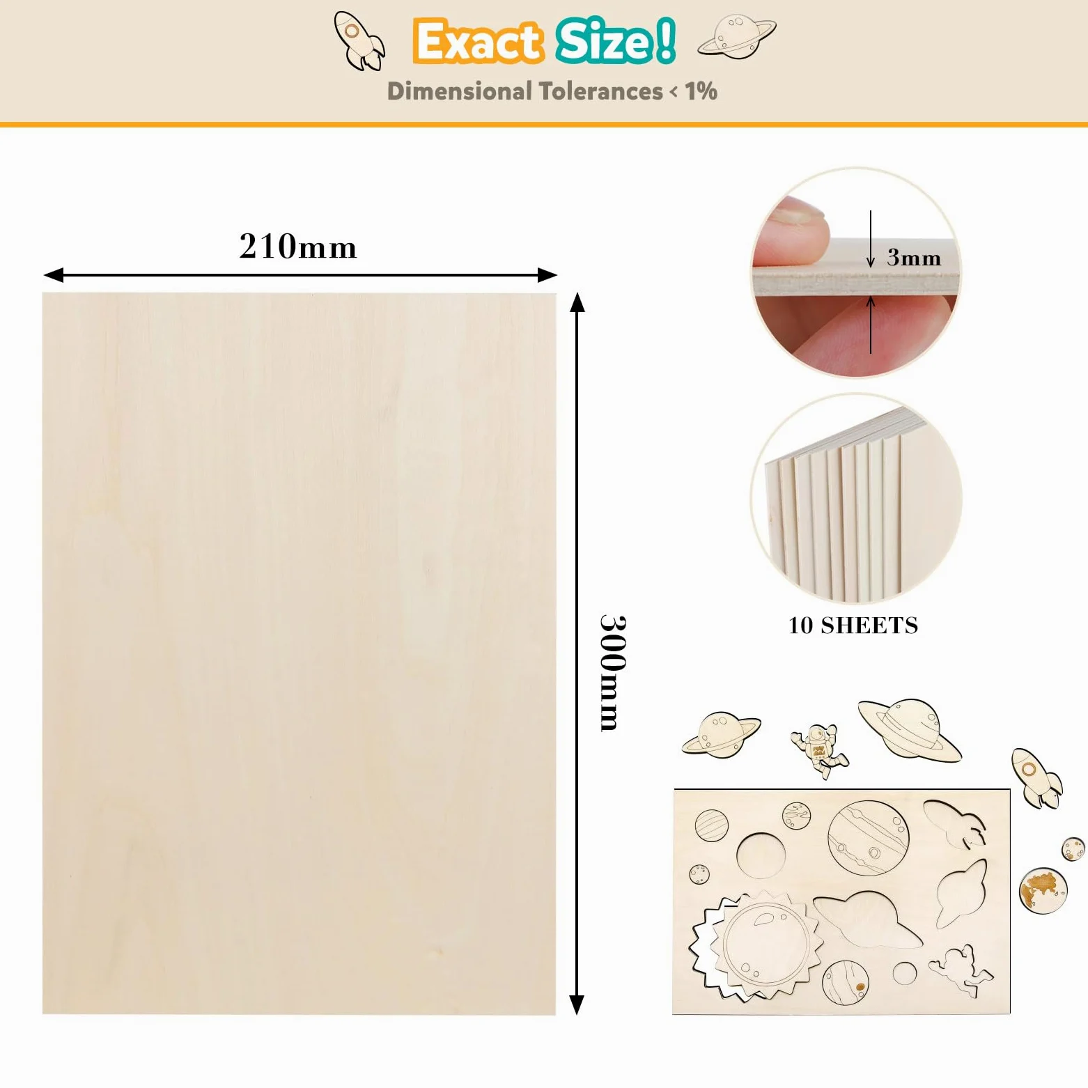 SWAWIS 10 Piezas A4 Maderas para Bricolaje, 300 * 210mm Tablero Madera, Tablero Contrachapado 3mm, Basswood Contrachapado Para Corte por Laser Modelado Pintura Pirograbado